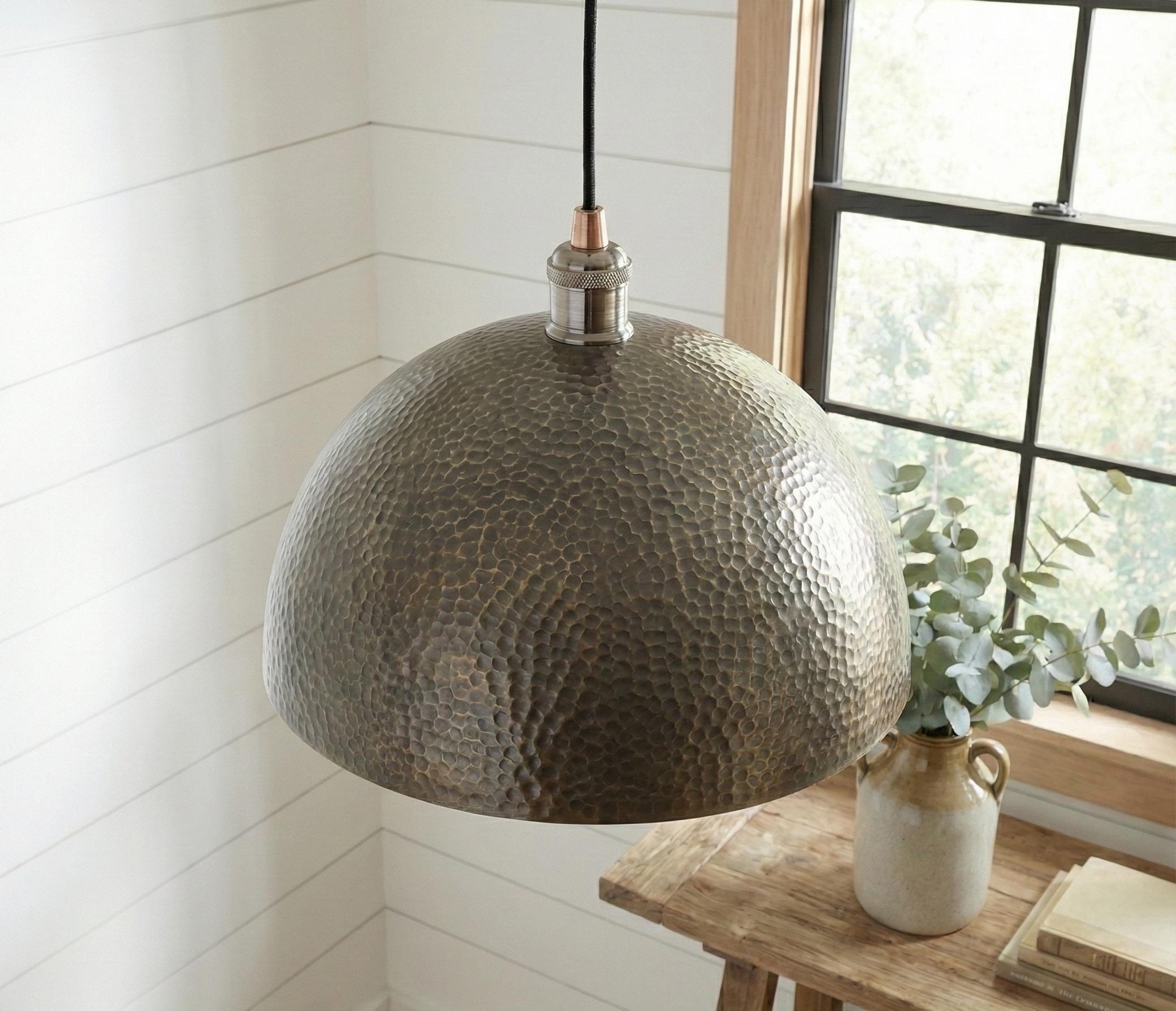 Set of 2 Bronze Pendant Lights, Antique Hand Hammered Metal Dome Lamps