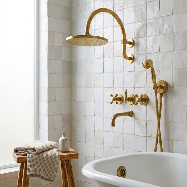 Gooseneck Rain Shower System with Hand Shower & Tub Spout - bathroom installation view 4