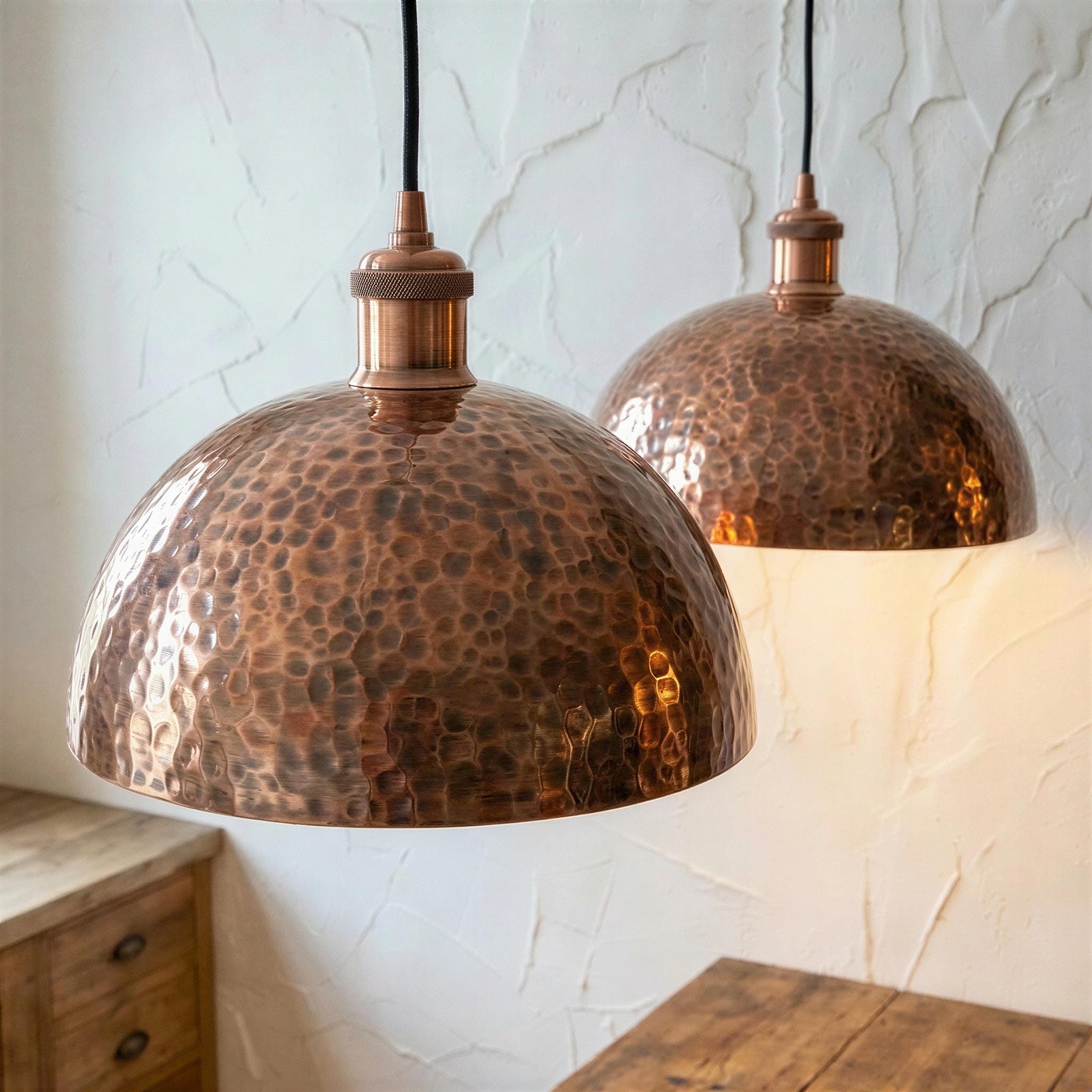 Set of 2 Hammered Copper Pendant Lights, Two Antique Copper Dome Lamps