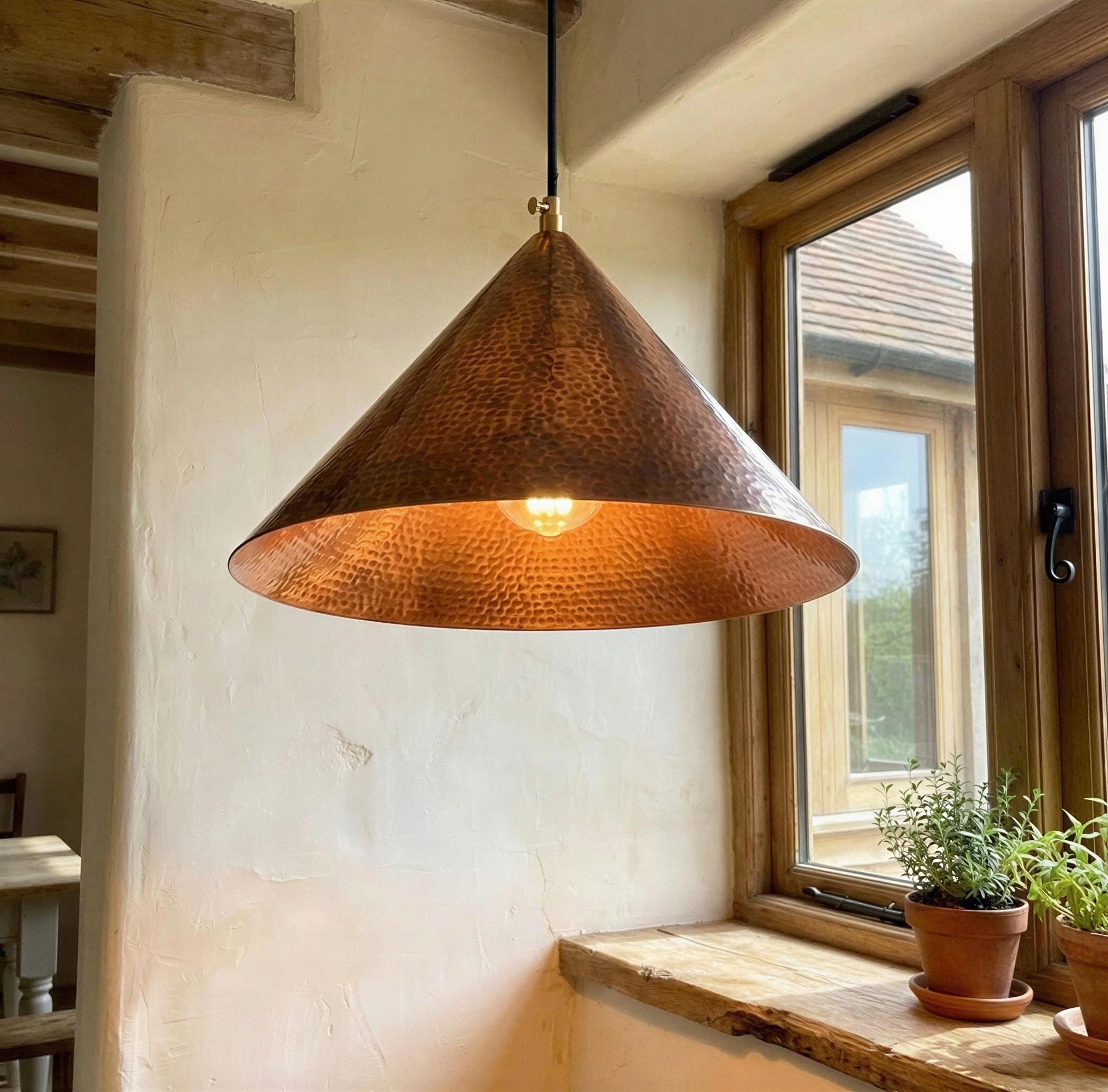 Hammered Copper Cone Pendant, Conical Ceiling Light, Rustic Copper Cone Farmhouse Kitchen Island Fixture