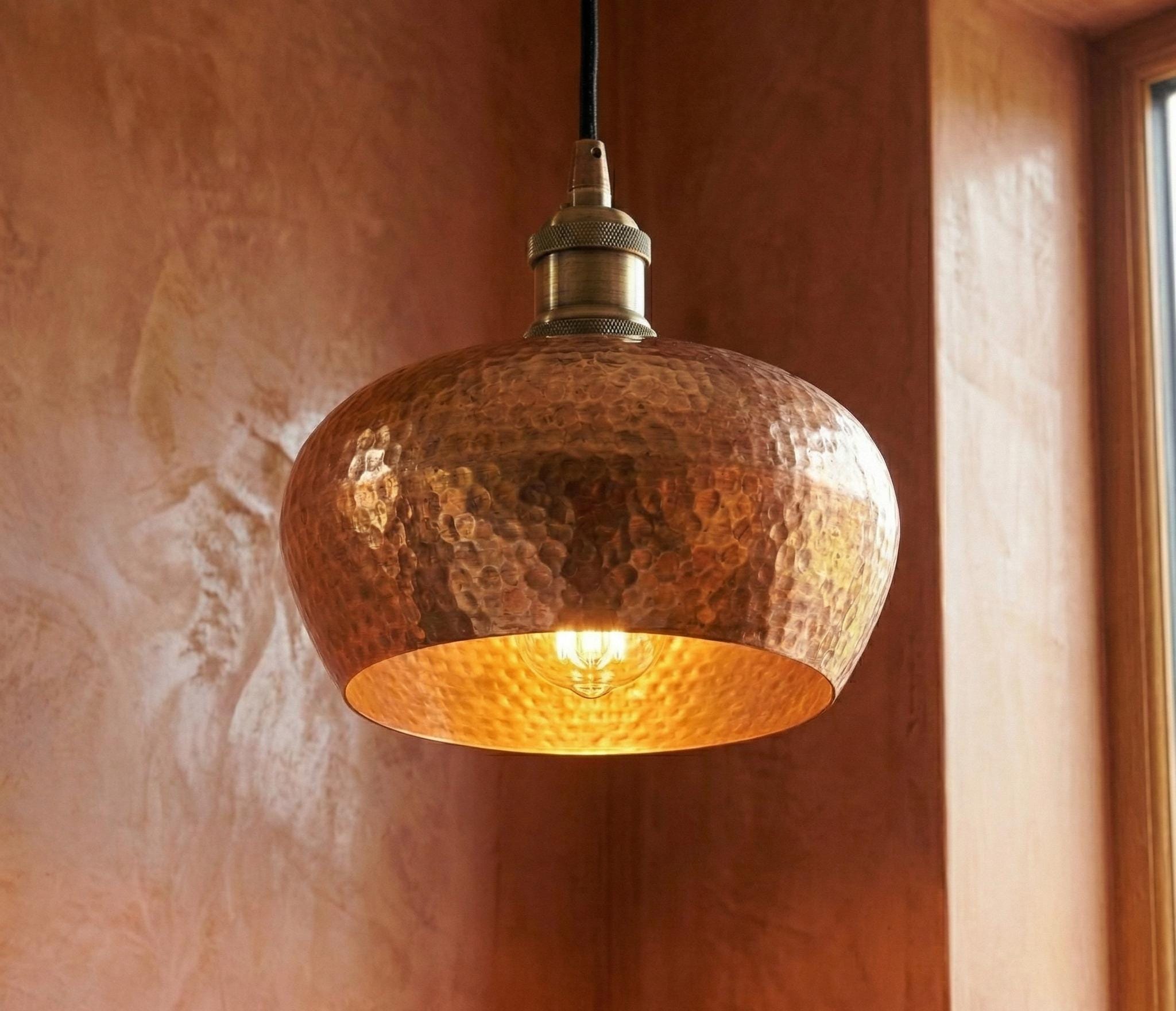 Hammered Copper Pendant Light, Round Rustic Kitchen Island Fixture, Rose Gold Hanging Light