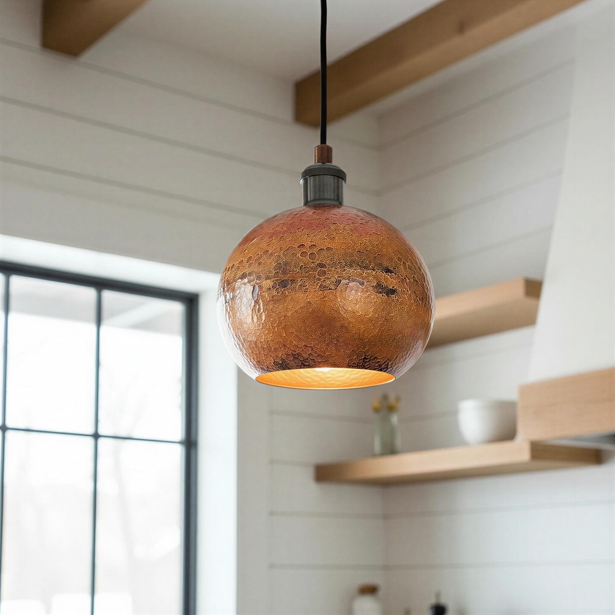 Set of 2 Handcrafted Copper Dome Pendant Light, Two Hanging Ceiling Fixture for Rustic Farmhouse Kitchen Island, Round Copper Light Fixture