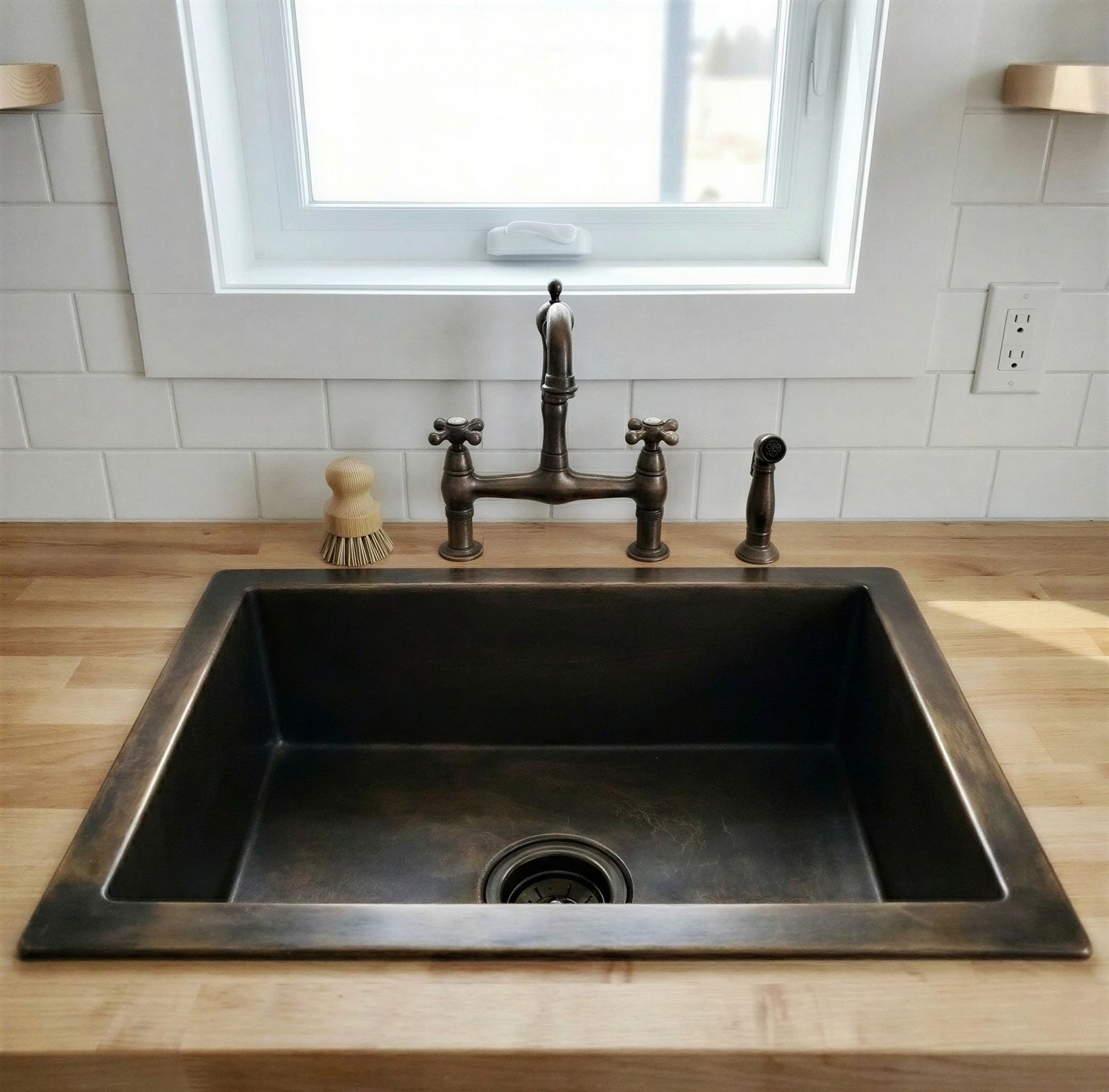Stainless steel kitchen sink with bronze faucet in a modern kitchen setting.
