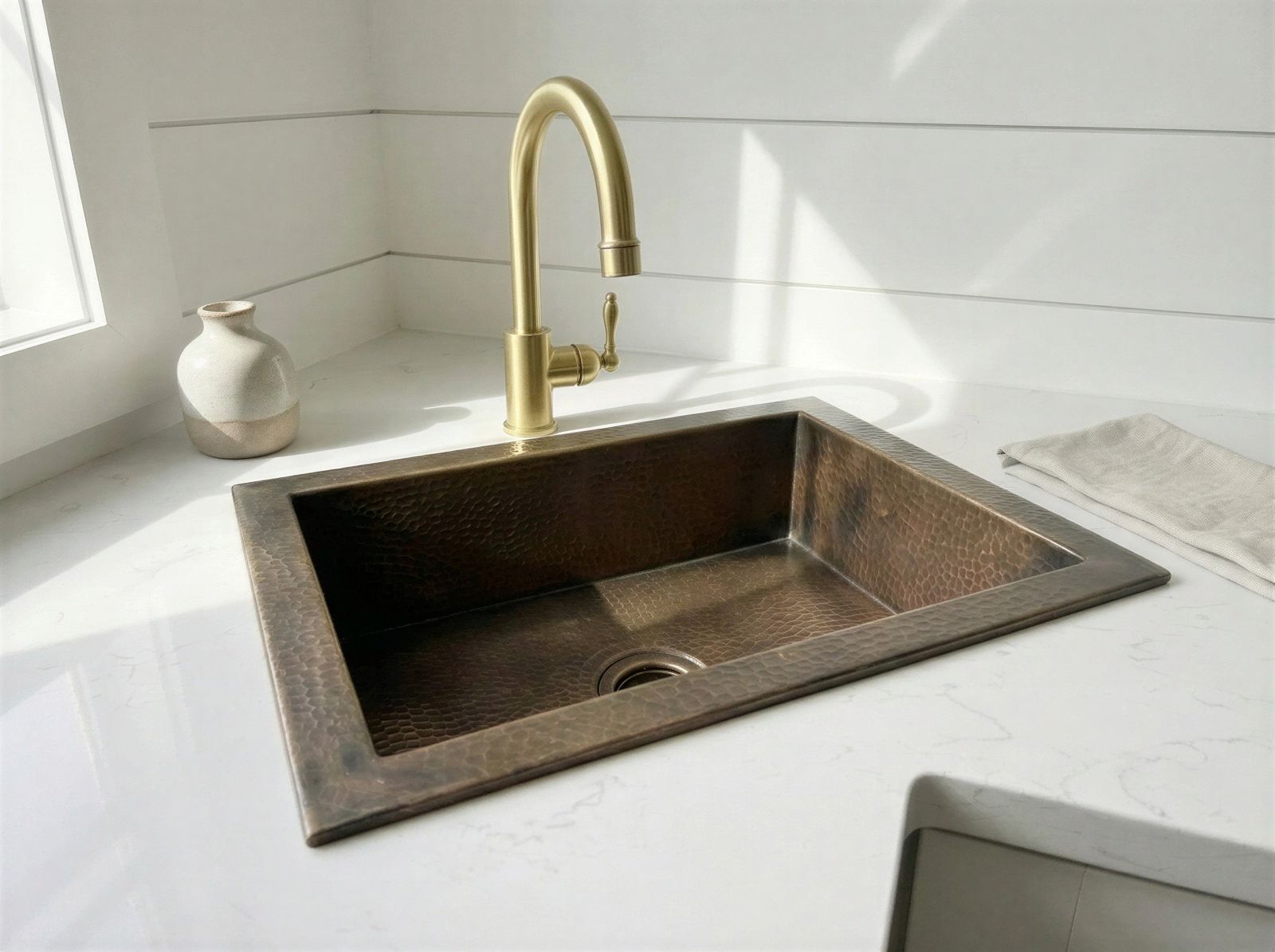 Copper kitchen sink with gold faucet on a white countertop