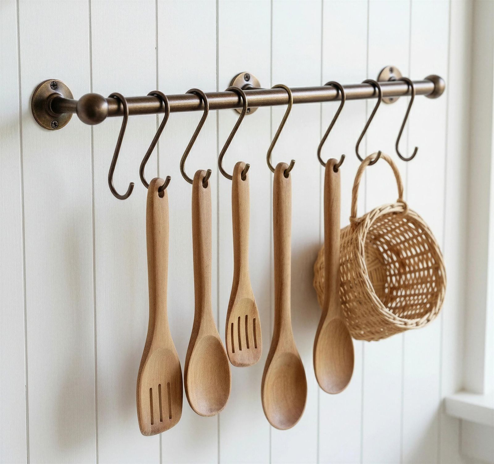 Wooden spoons and a basket hanging on a metal rod against a white wooden panel background