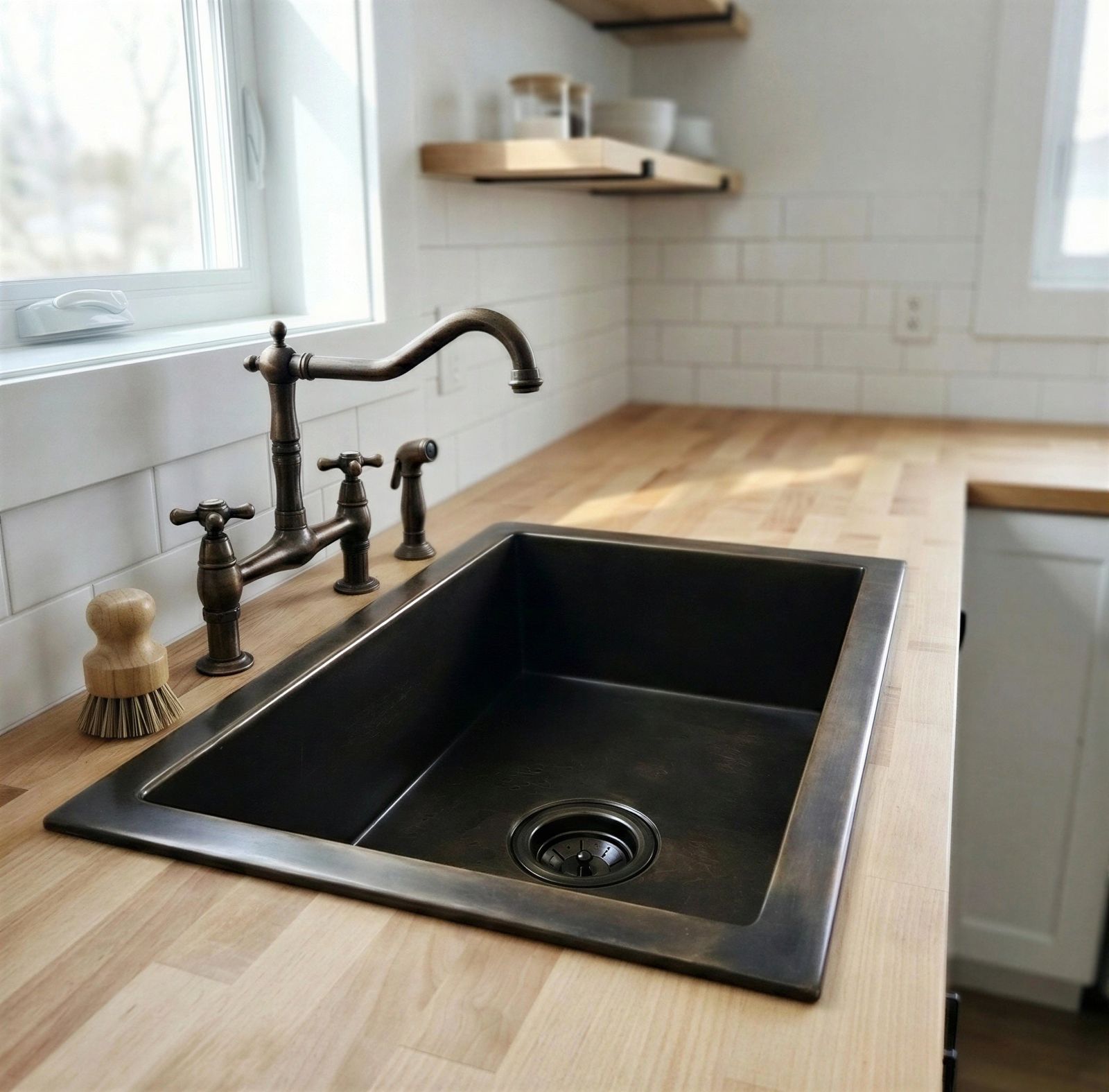 Black kitchen sink with bronze faucet on a wooden countertop
