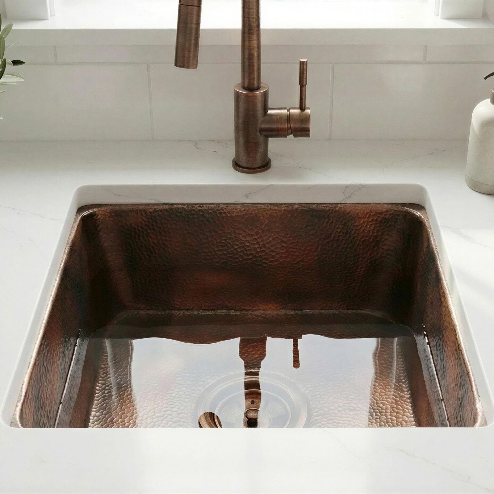 Copper kitchen sink with bronze faucet on a white countertop