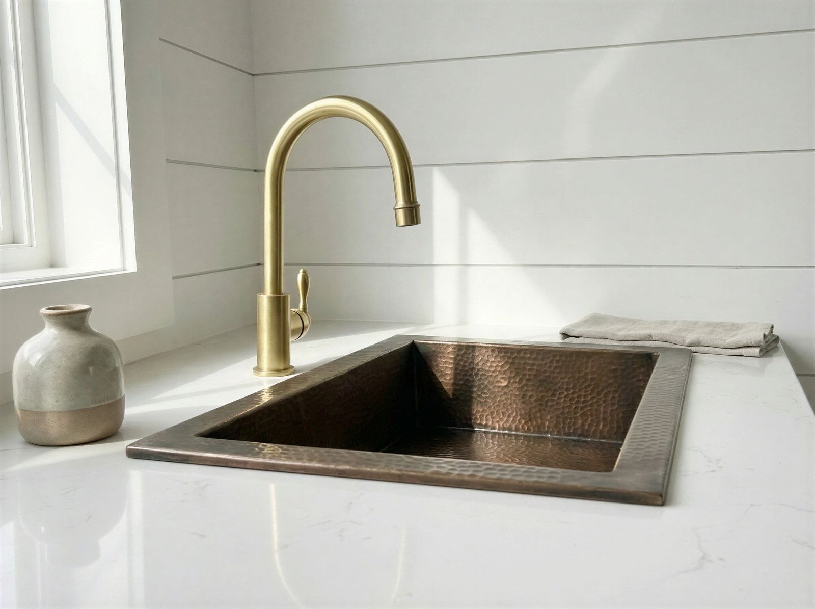 Antique brass kitchen sink with gold faucet on a white countertop