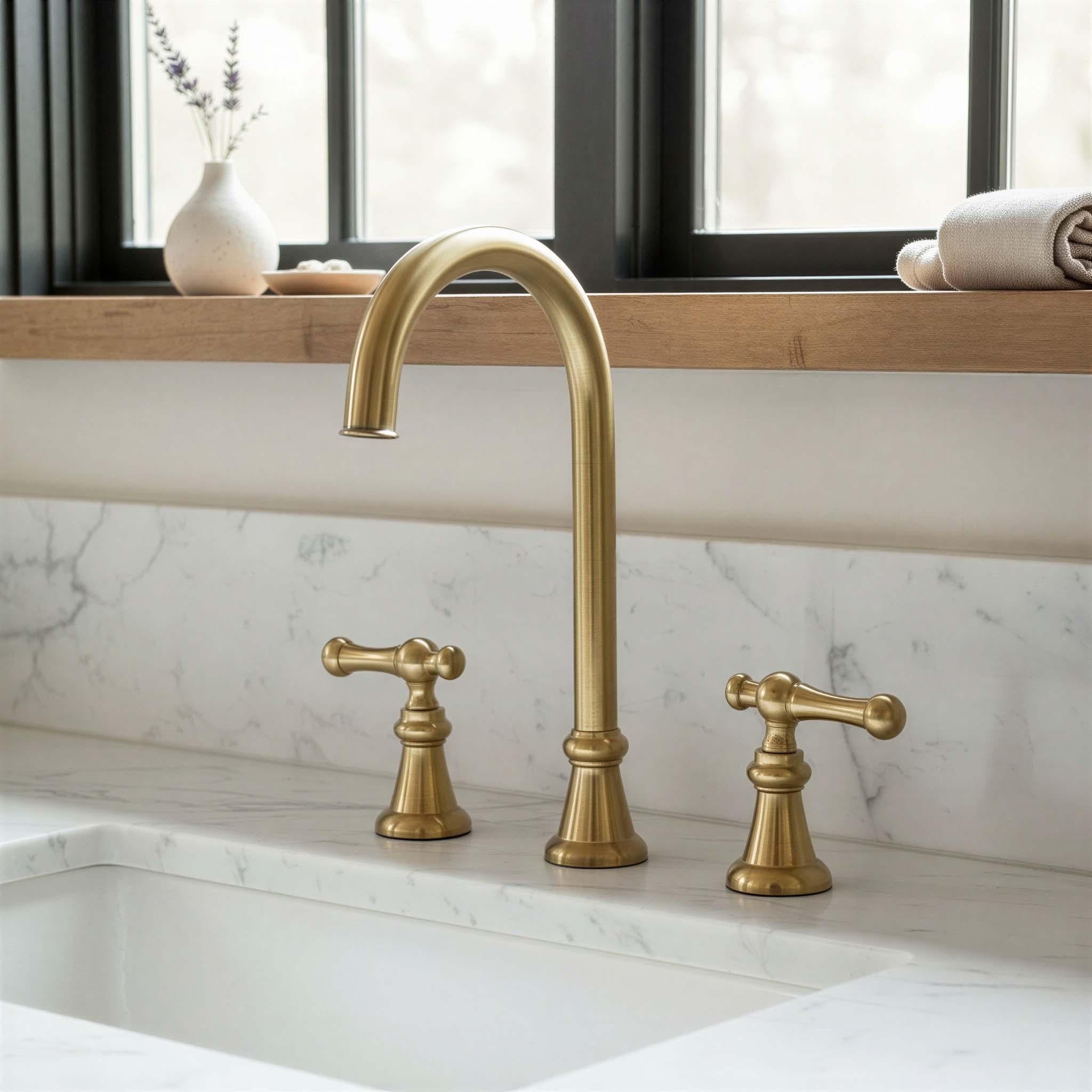 Gold faucet set on a marble countertop with a window in the background