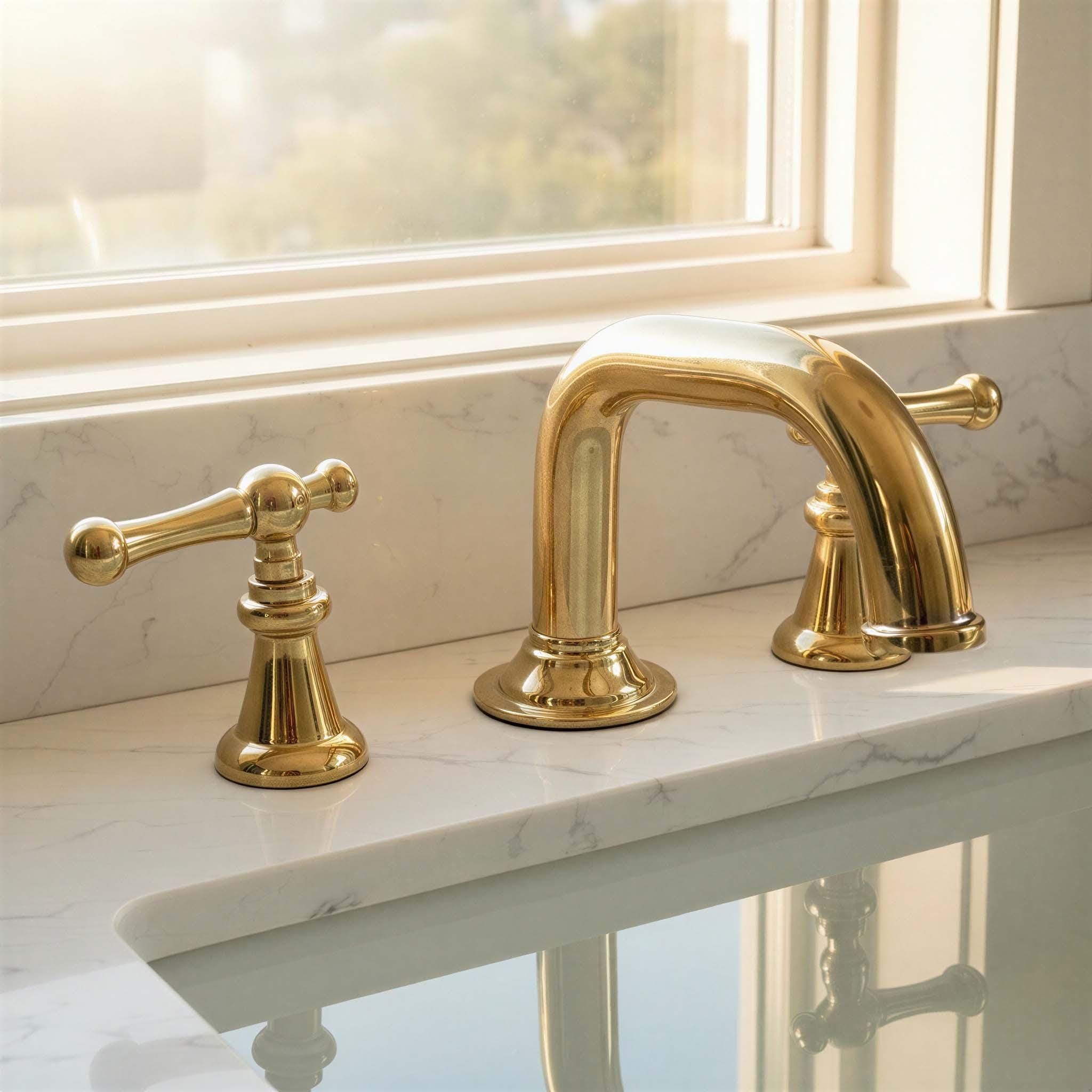 Gold bathroom faucet set on a marble countertop with a window in the background