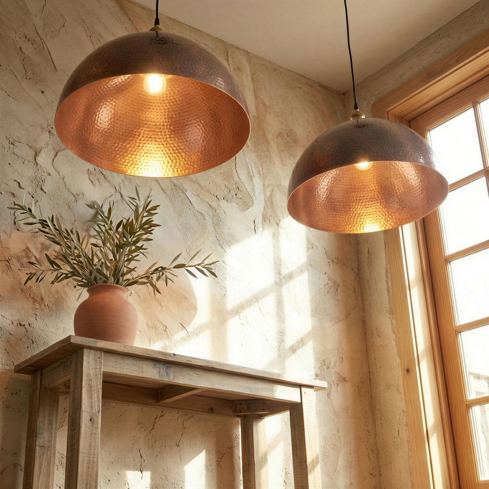 Two copper pendant lights hanging in a room with a wooden table and plant.