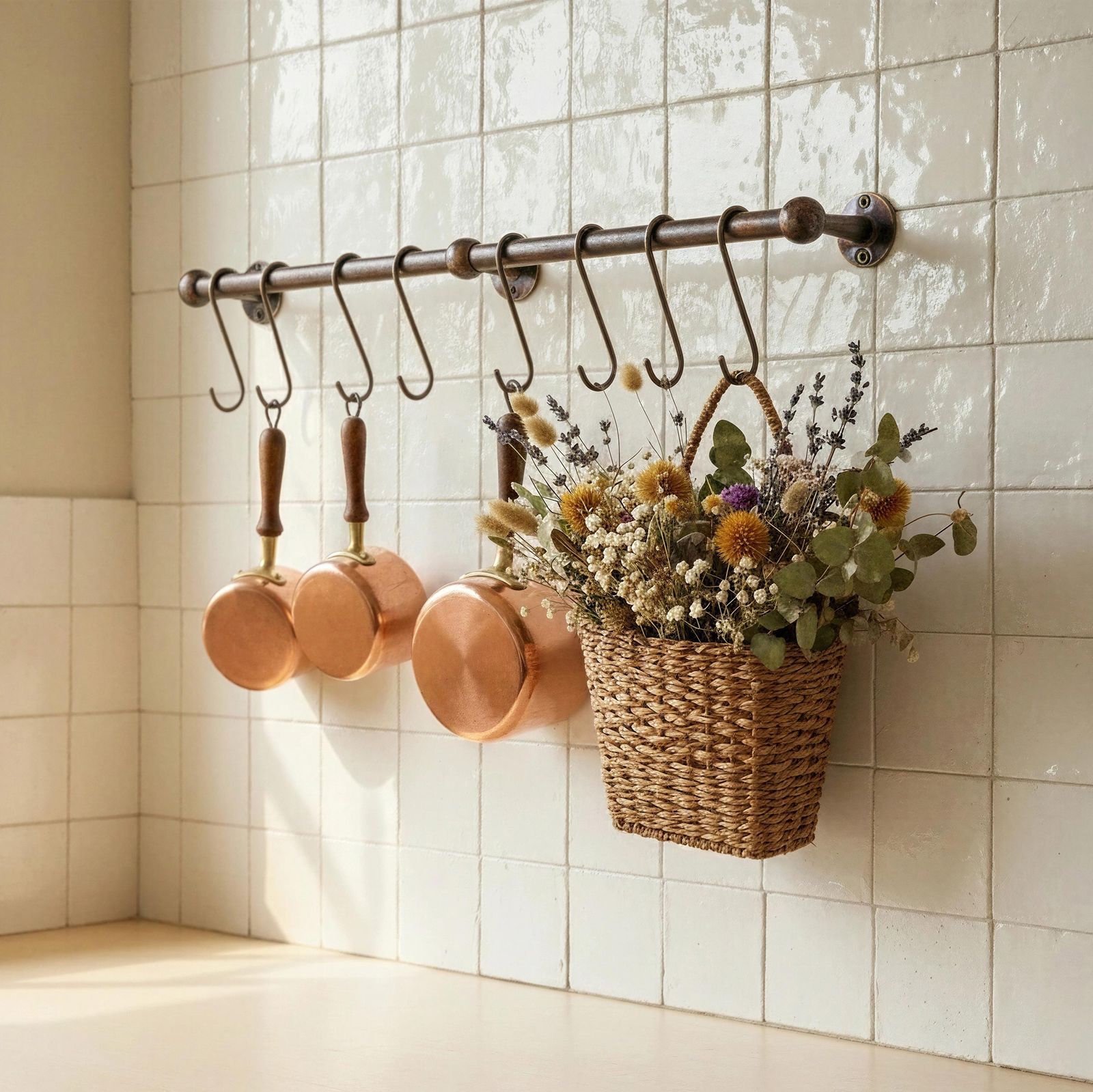Copper pots hanging on a rack with a woven basket containing flowers against a tiled wall.