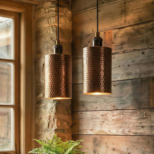 Two copper pendant lights hanging against a wooden wall with a window and plant in the foreground.