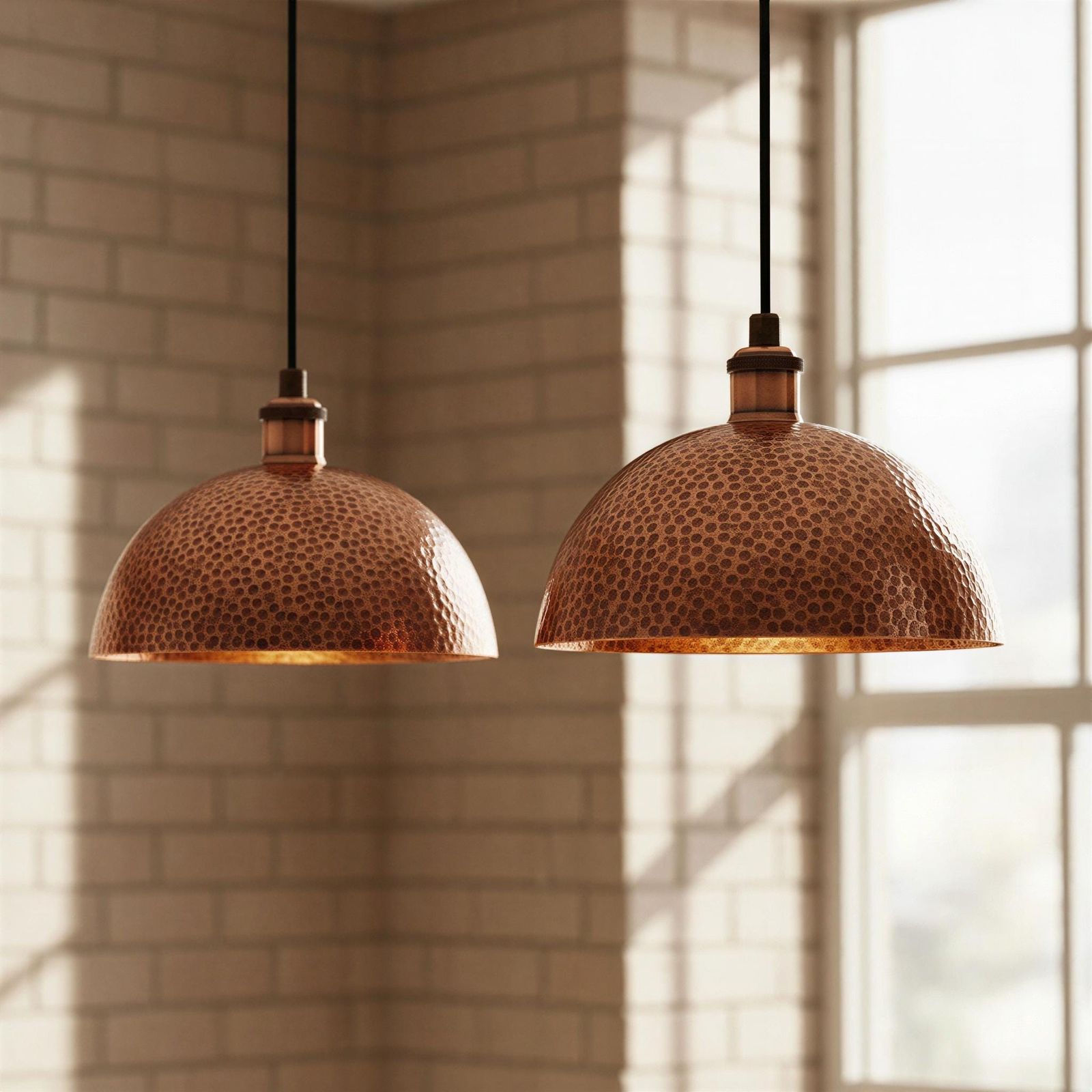 Two copper pendant lights hanging in a room with sunlight streaming through a window.
