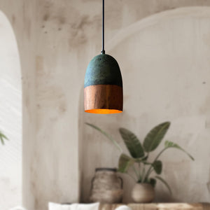 Pendant light with green and wooden design hanging in a room with plants and a textured wall.