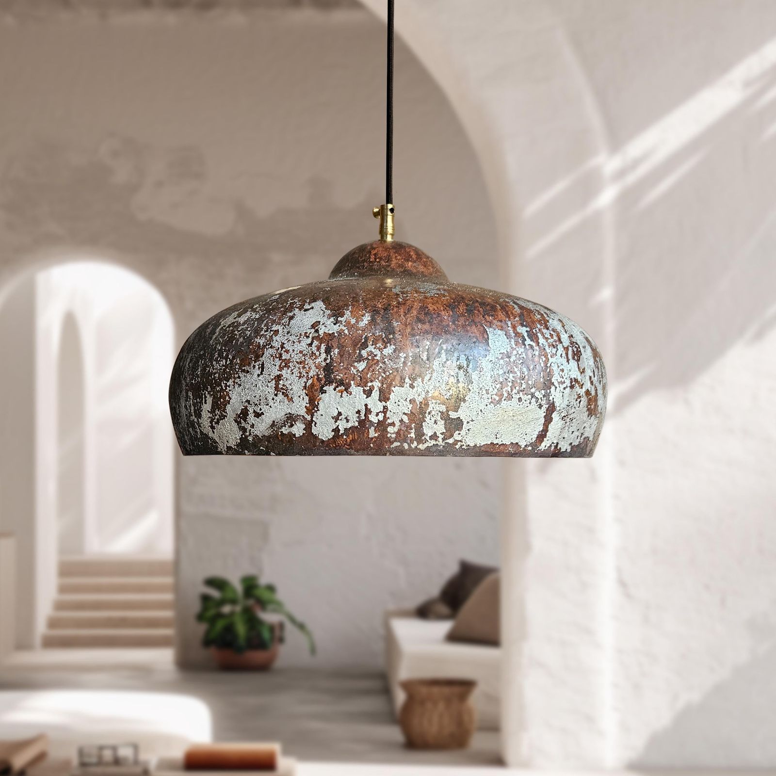 Rustic pendant light hanging in a modern interior setting