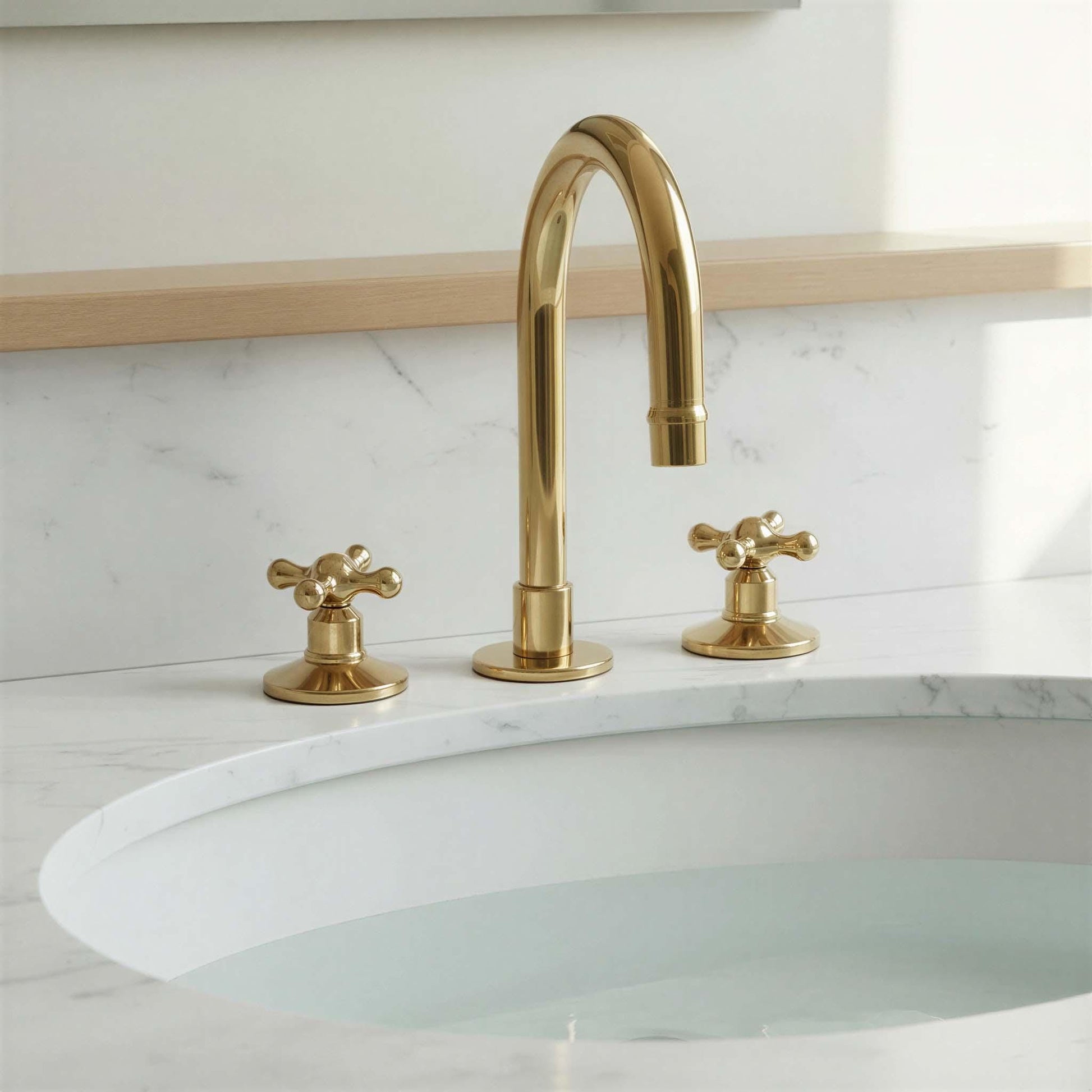Gold faucet with two handles on a white sink against a light marble wall.