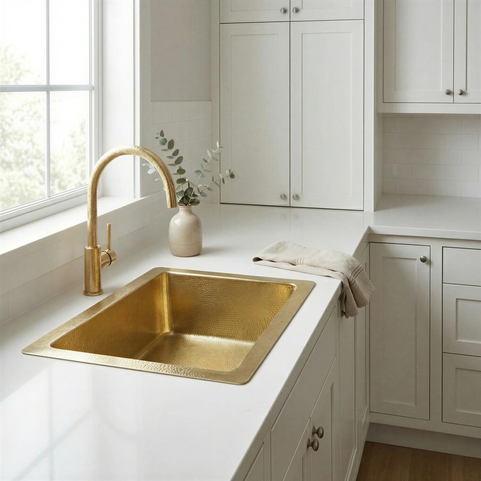 Kitchen with a gold sink and faucet in a bright room