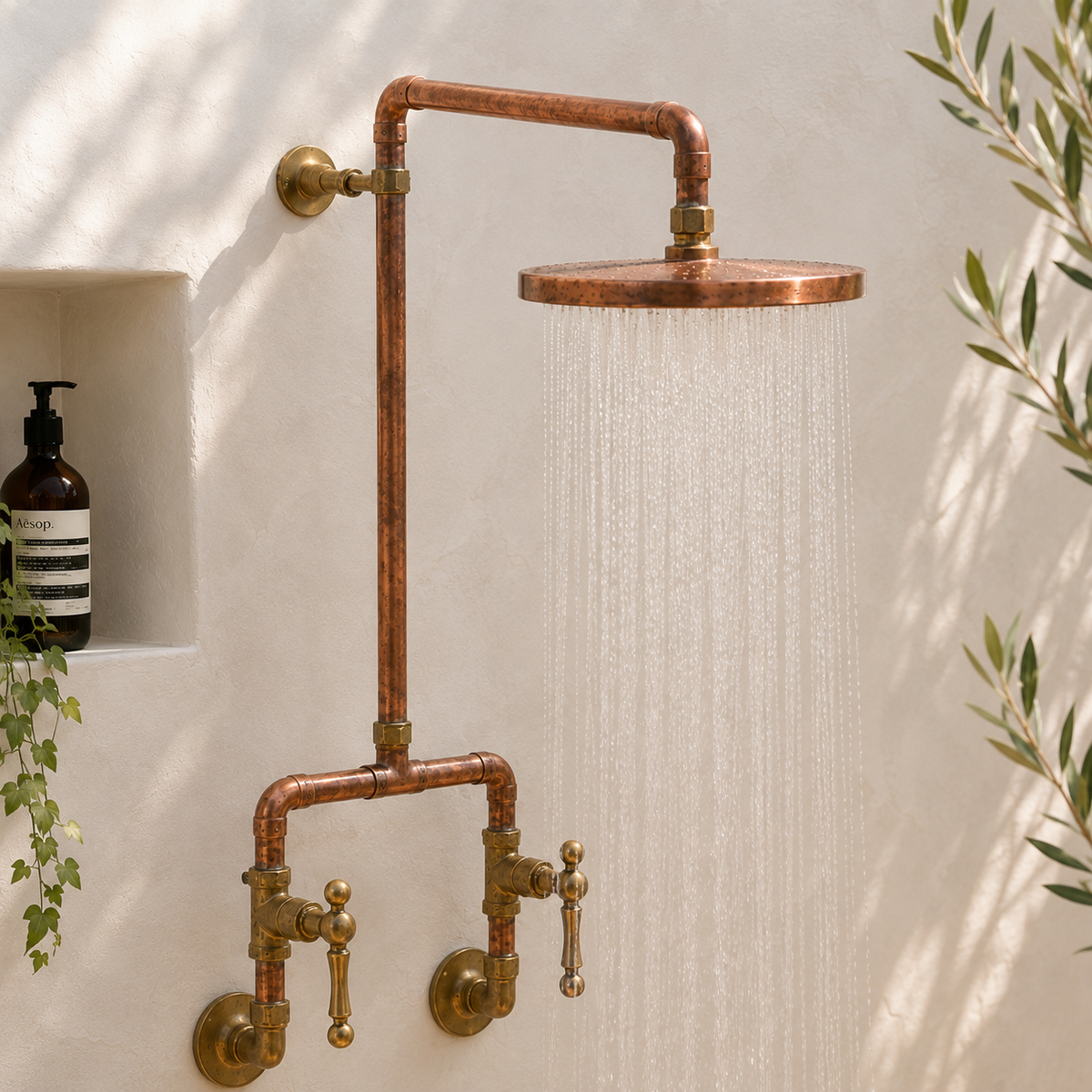 Exposed-Pipe Rain Shower System with Lever Handles - bathroom installation view 3