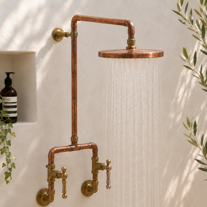 Exposed-Pipe Rain Shower System with Lever Handles - bathroom installation view 3