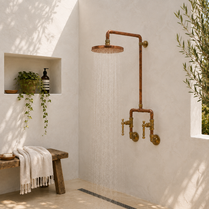 Exposed-Pipe Rain Shower System with Lever Handles - bathroom installation view 4