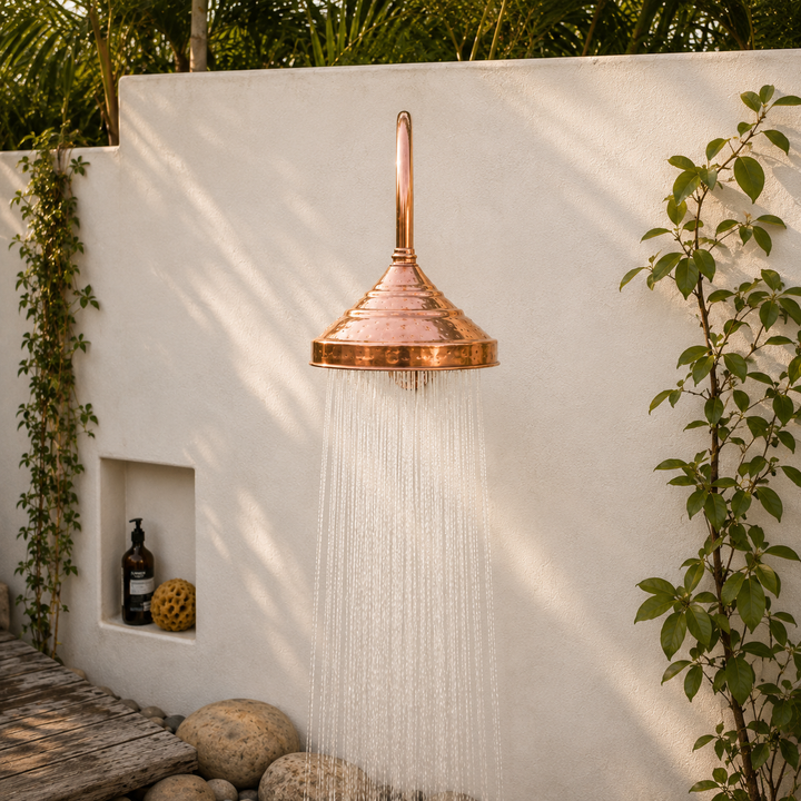Bell Rain Shower Head with High-Arch Gooseneck Wall Arm - bathroom installation view 2