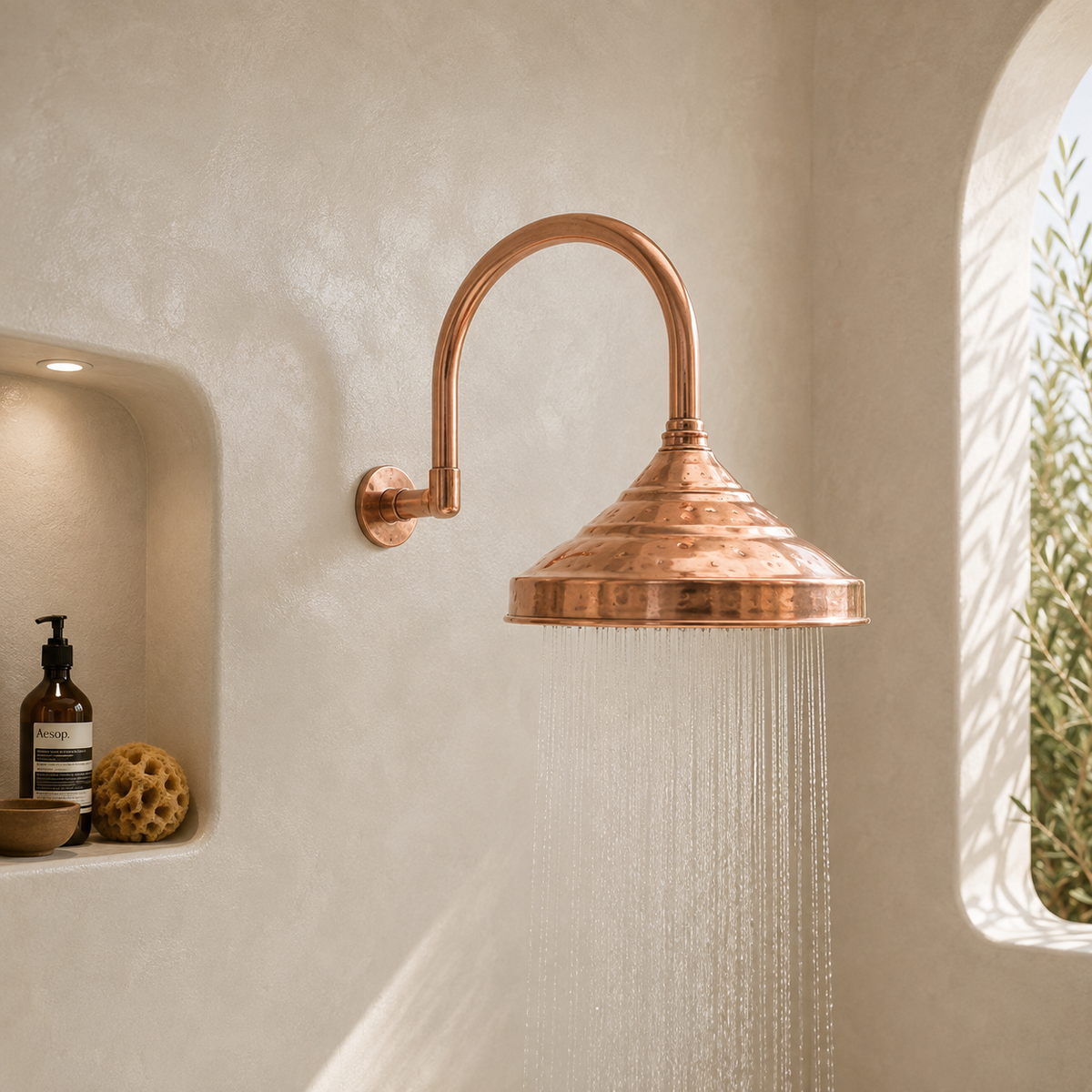 Bell Rain Shower Head with High-Arch Gooseneck Wall Arm - bathroom installation view 5