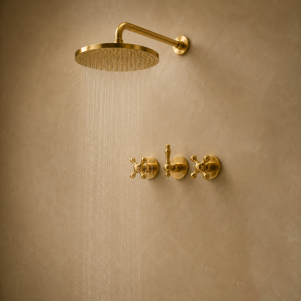 Three-Handle Round Rain Shower System, Wall Mounted - bathroom installation view 3