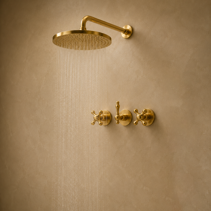 Three-Handle Round Rain Shower System, Wall Mounted - bathroom installation view 3