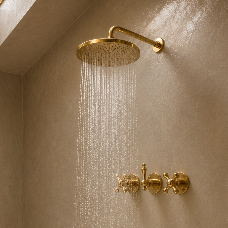Three-Handle Round Rain Shower System, Wall Mounted - bathroom installation view 1
