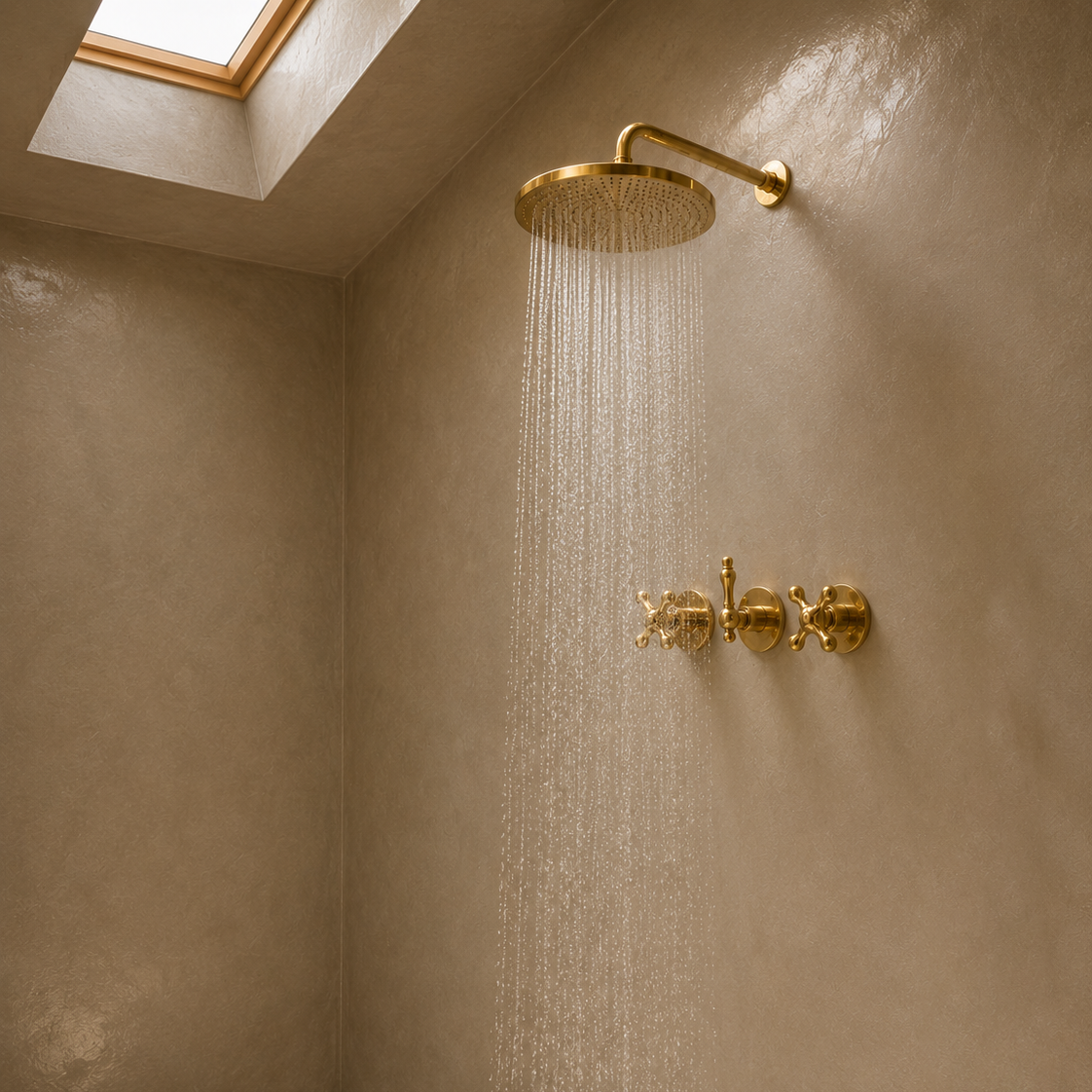 Three-Handle Round Rain Shower System, Wall Mounted - bathroom installation view 5