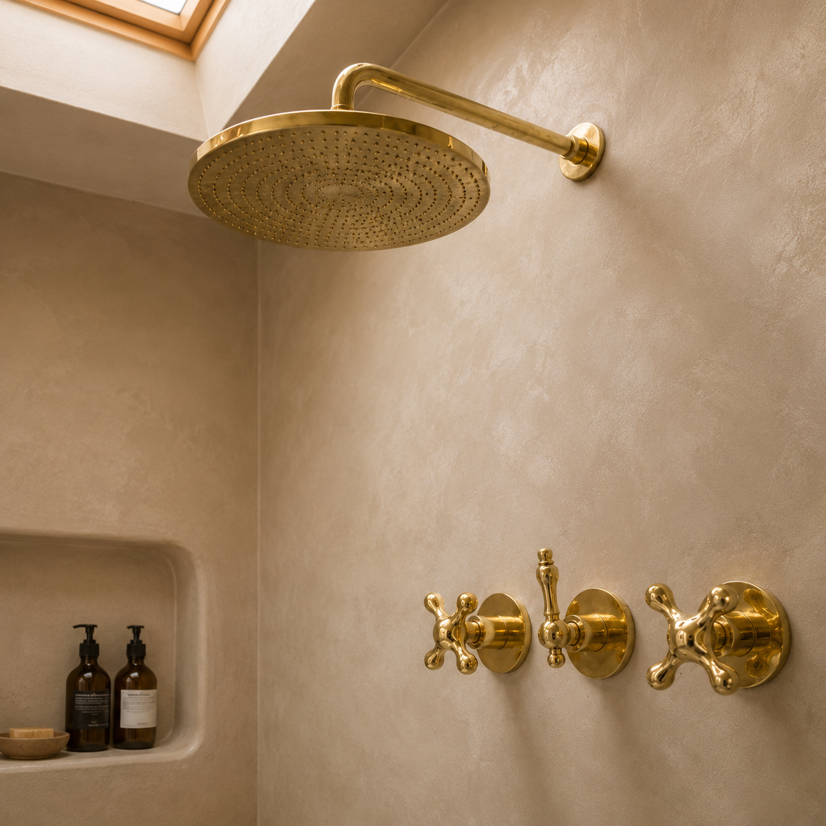 Three-Handle Round Rain Shower System, Wall Mounted - bathroom installation view 2