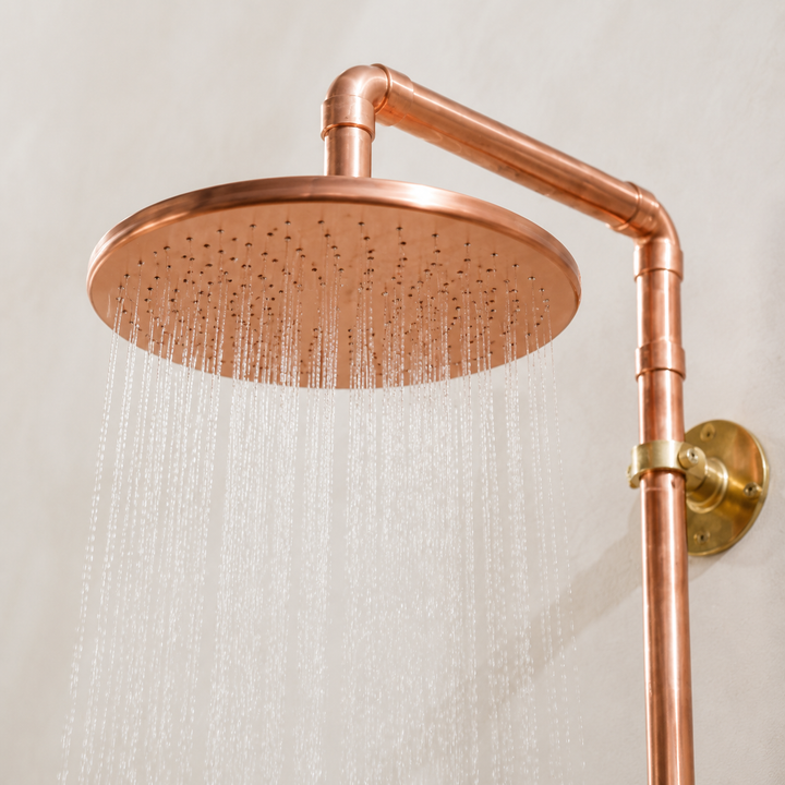 Exposed Rain Shower System with Round Head & Wheel Handles - bathroom installation view 2