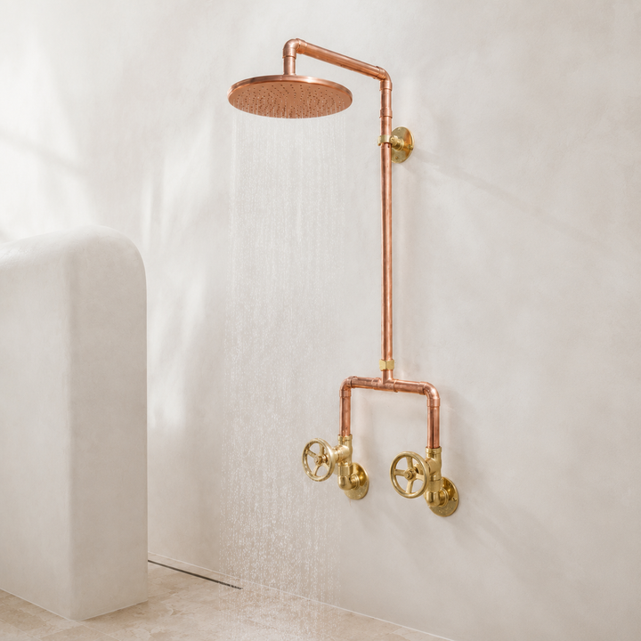 Exposed Rain Shower System with Round Head & Wheel Handles - bathroom installation view 3