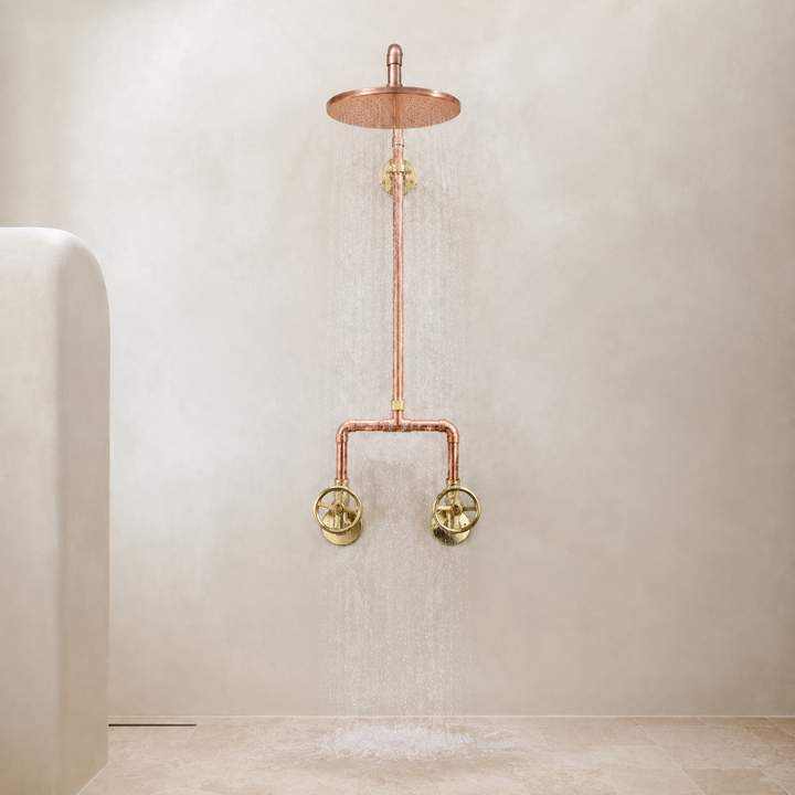 Exposed Rain Shower System with Round Head & Wheel Handles - bathroom installation view 4