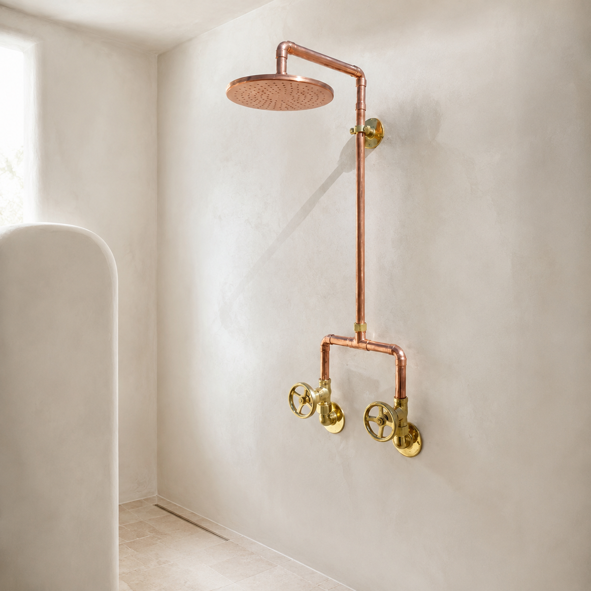 Exposed Rain Shower System with Round Head & Wheel Handles - bathroom installation view 1
