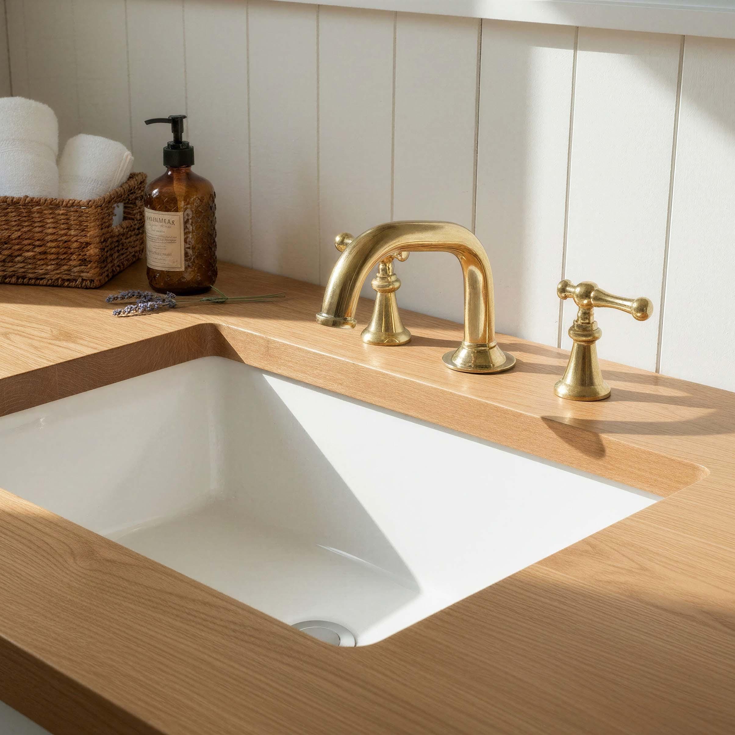 Kitchen sink with gold faucet and wooden countertop