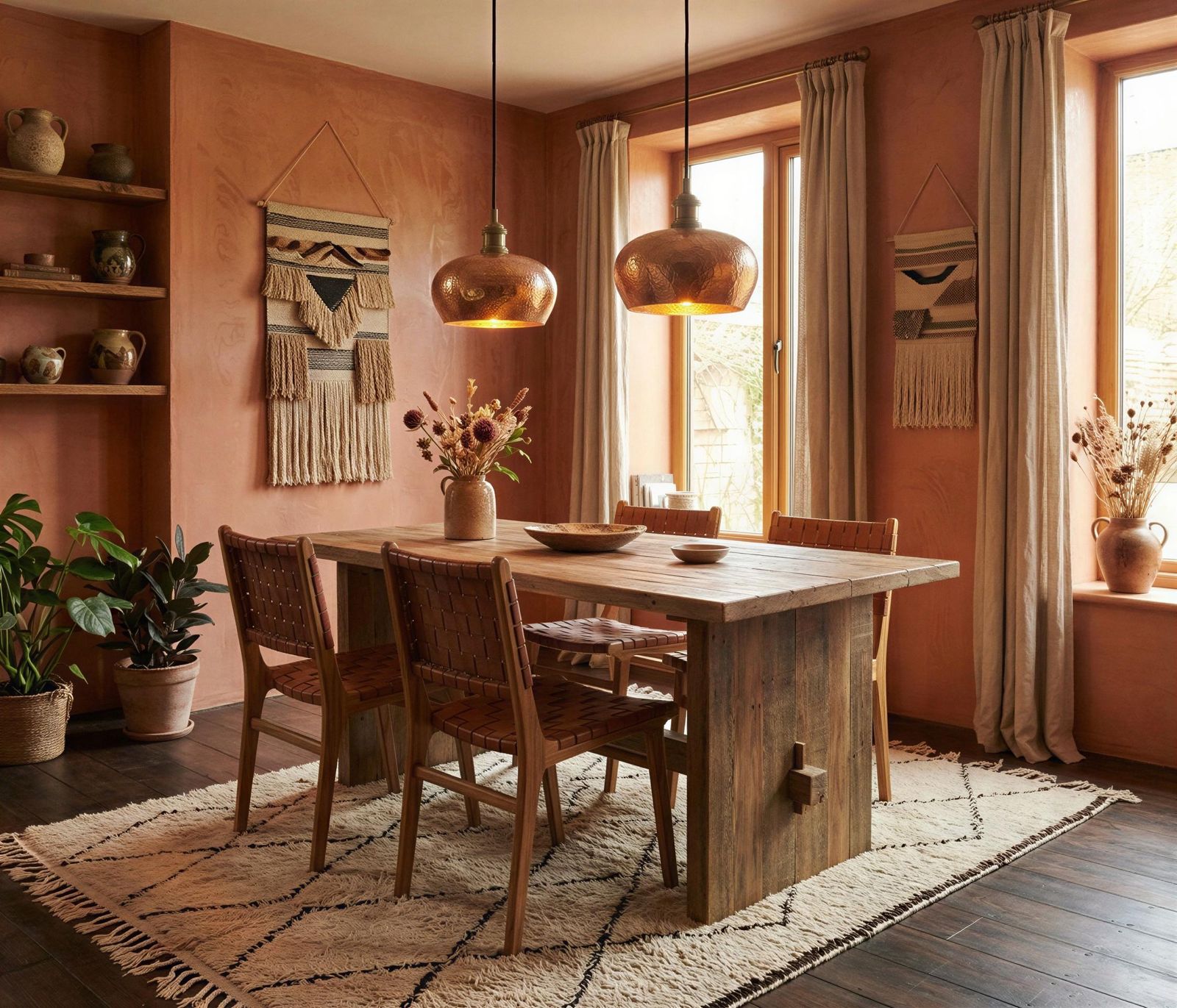 Dining room with wooden table and chairs, potted plants, and decorative elements.