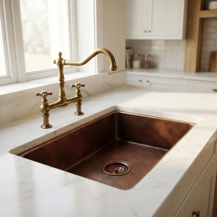 Copper kitchen sink with brass faucet in a bright kitchen setting
