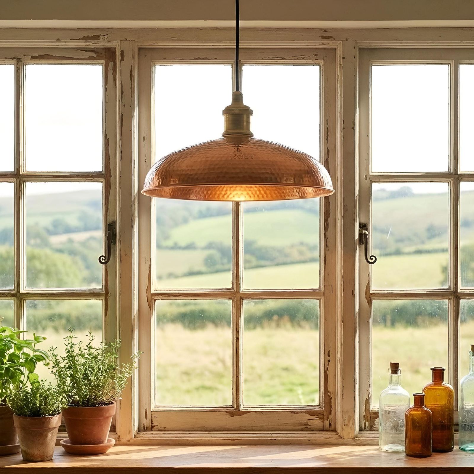 Copper pendant light hanging above a wooden window sill with plants and bottles, overlooking a scenic landscape.