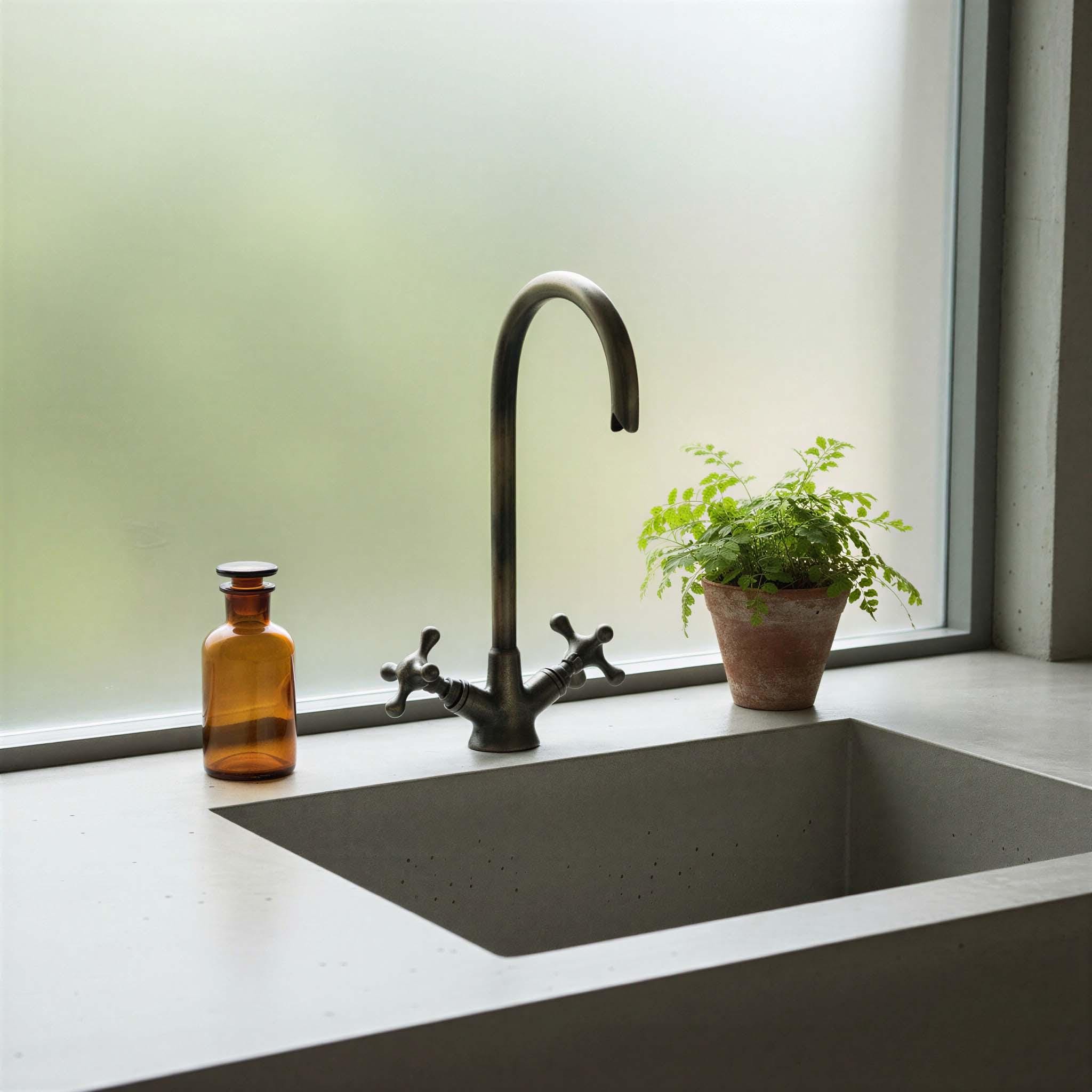 Modern kitchen sink with black faucet and a plant on a light-colored countertop.