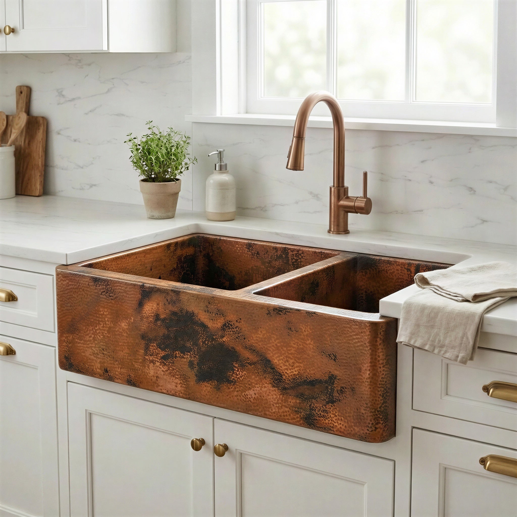 Double Bowl Copper Farmhouse Sink, Dual Basin Apron Front: Antique Copper Split Sink