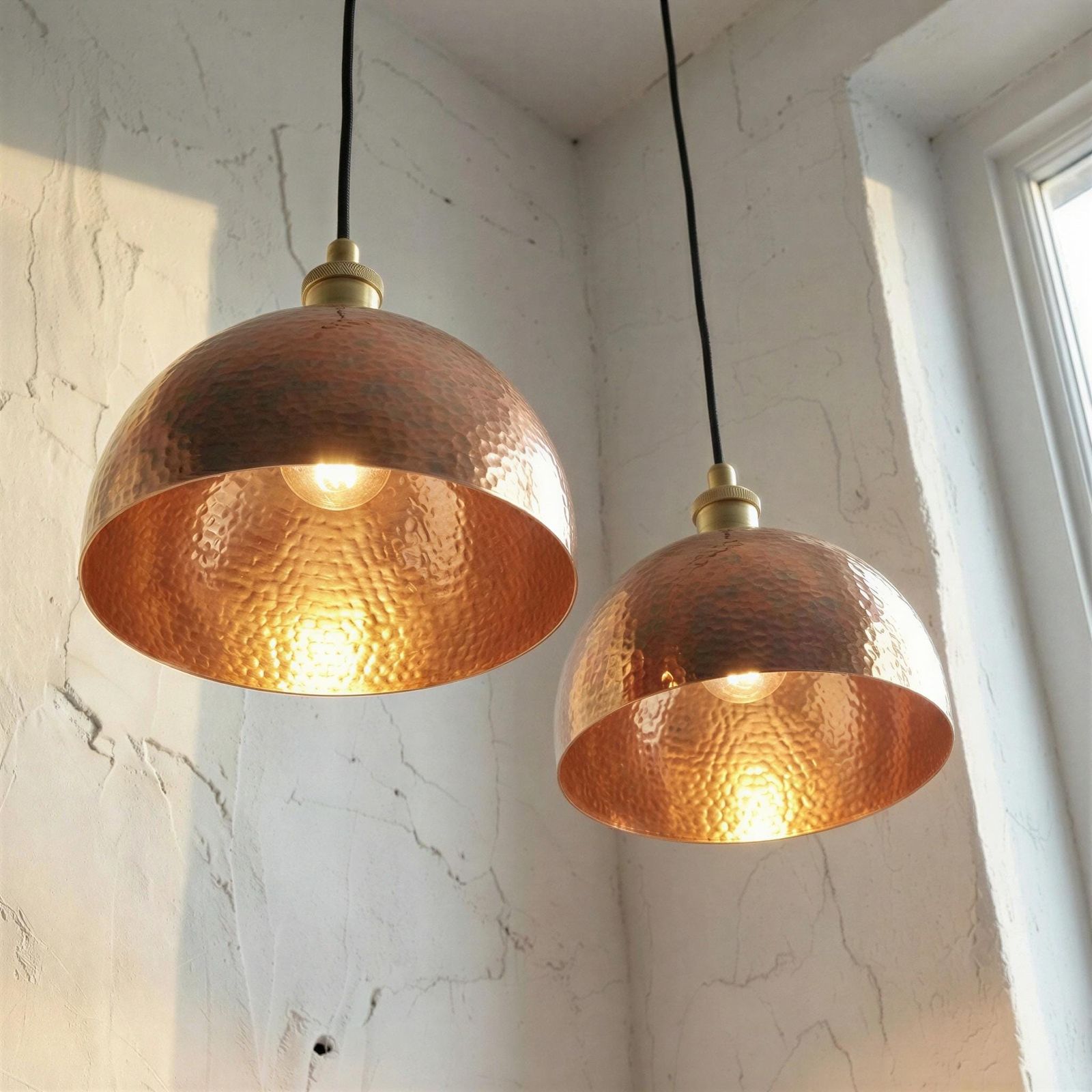 Two copper pendant lights hanging against a white wall.