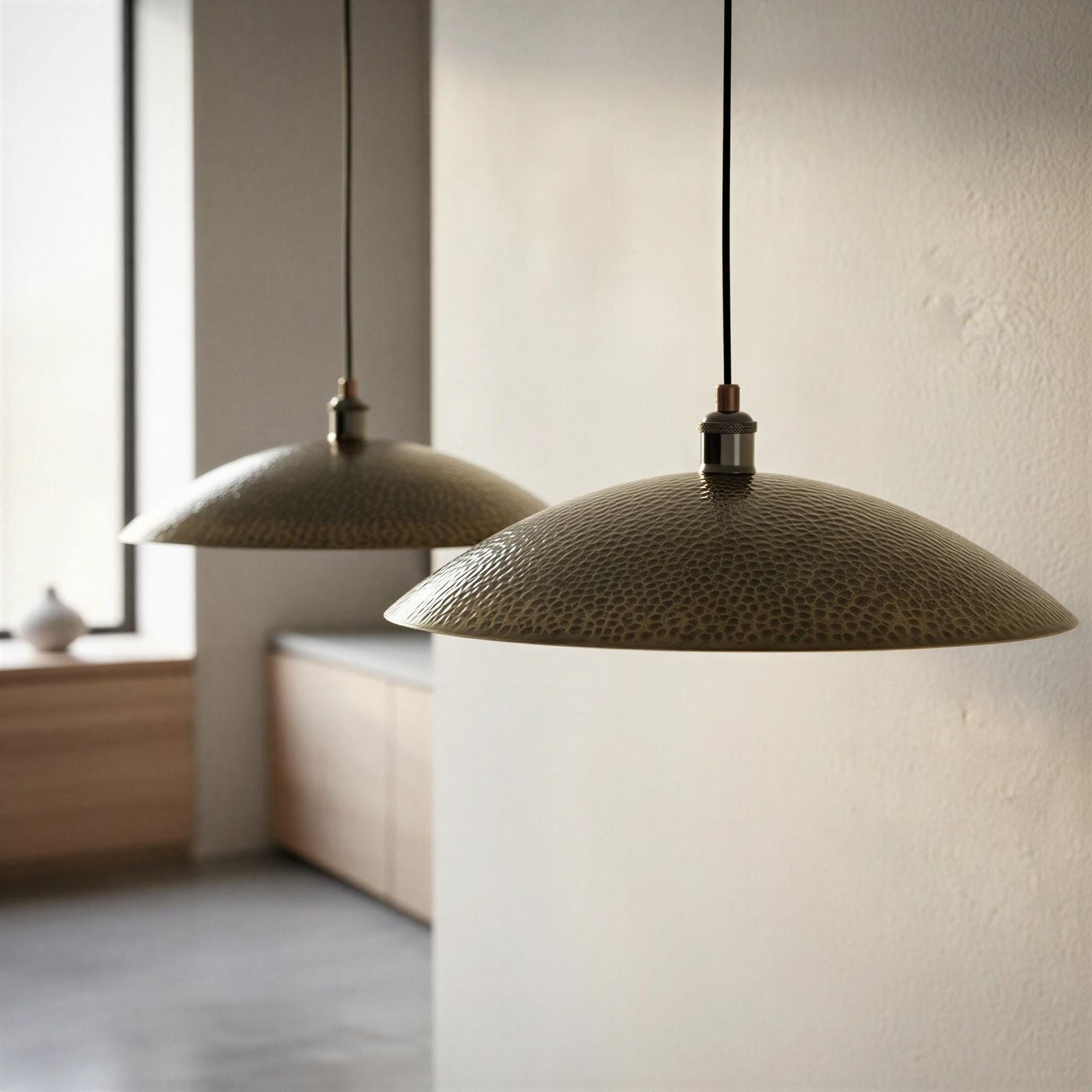 Two bronze pendant lights hanging in a room with a neutral color scheme.
