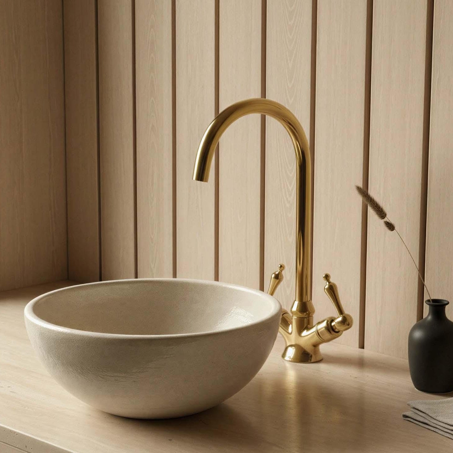 Bathroom setup with a white sink, gold faucet, and black vase against a wooden panel wall.