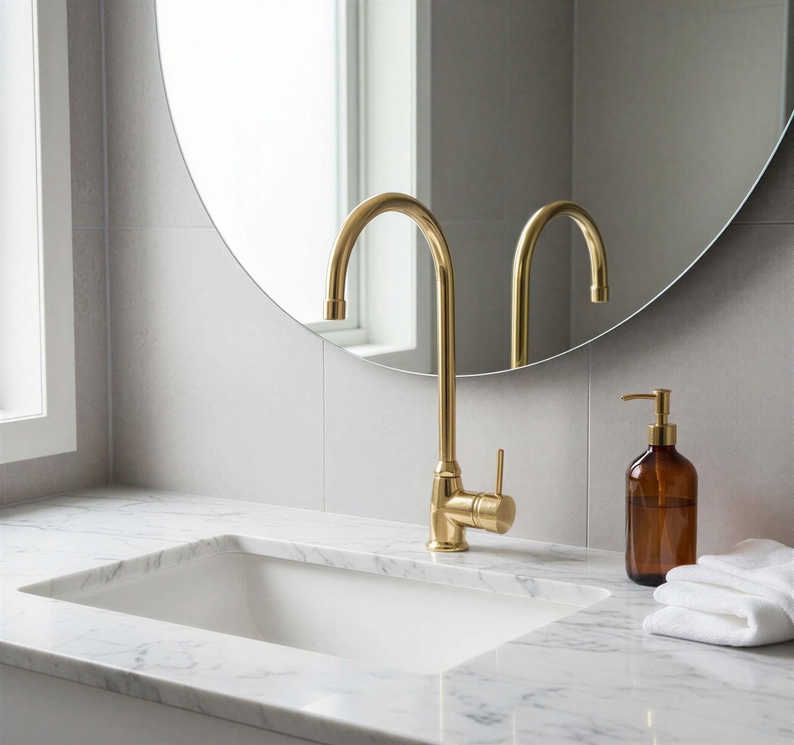 Gold faucet on a marble sink with a mirror and cleaning products in a bathroom setting.