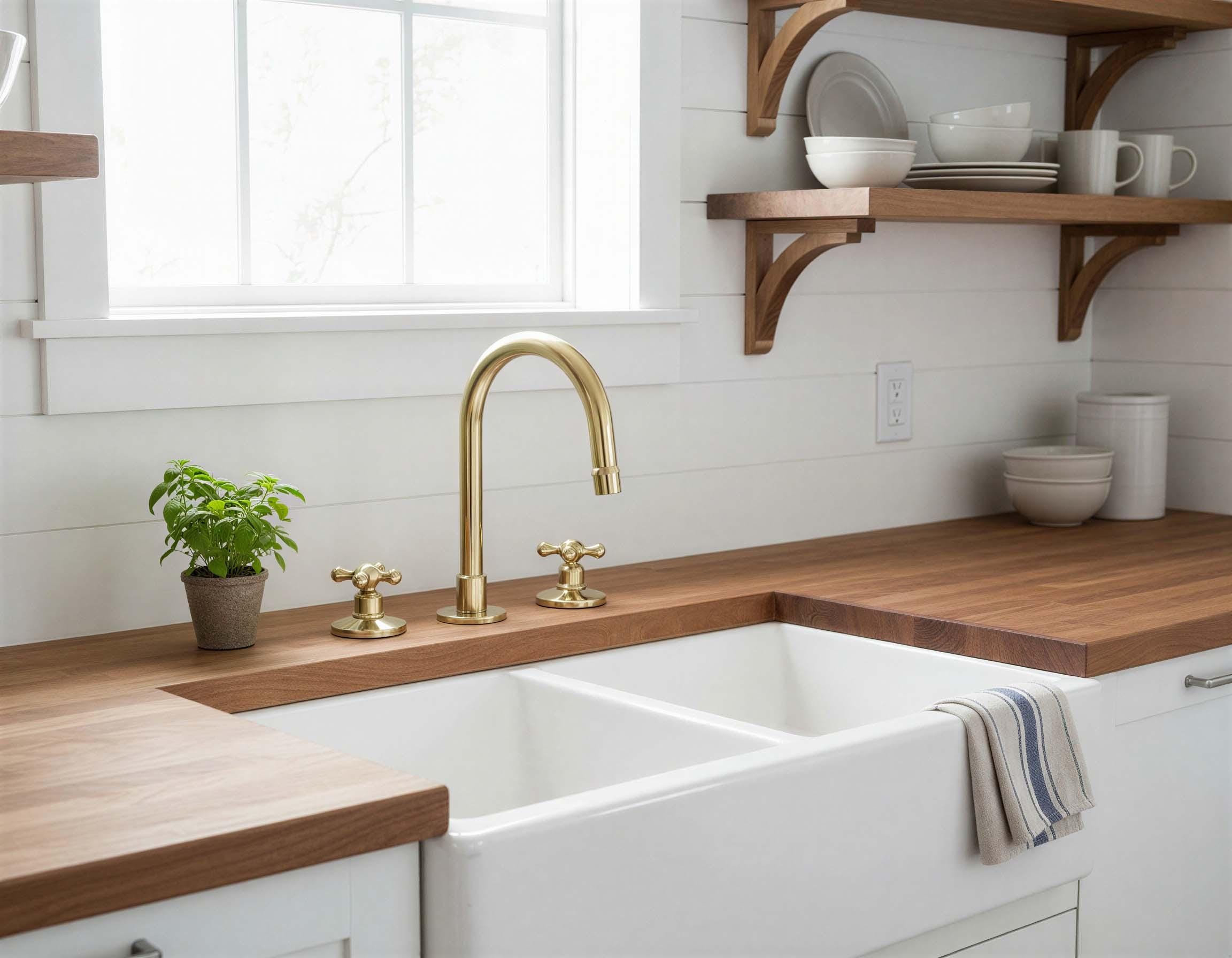 Modern kitchen with white sink, gold faucet, wooden countertops, and shelves.