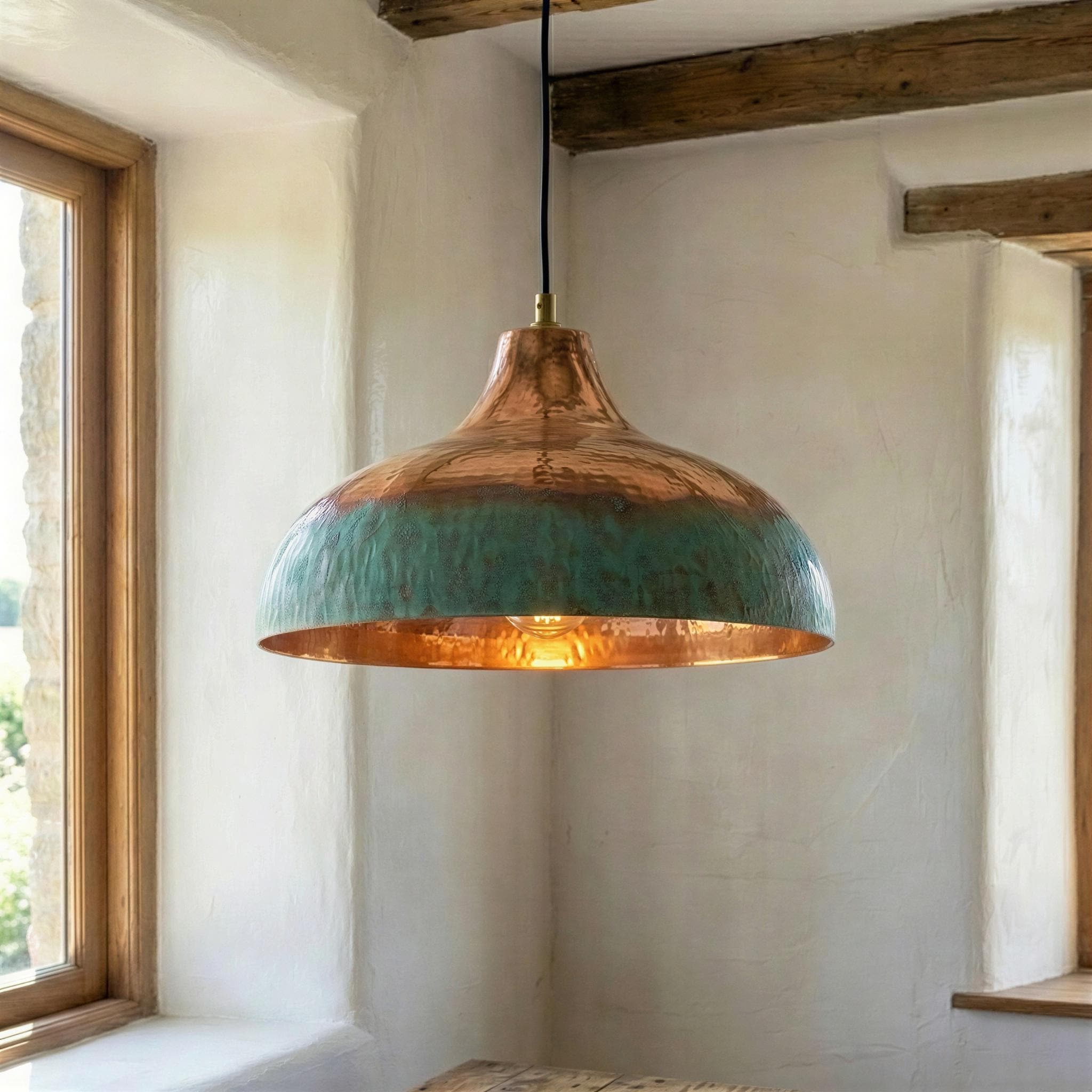 Copper and turquoise pendant light hanging in a room with wooden beams and large windows.