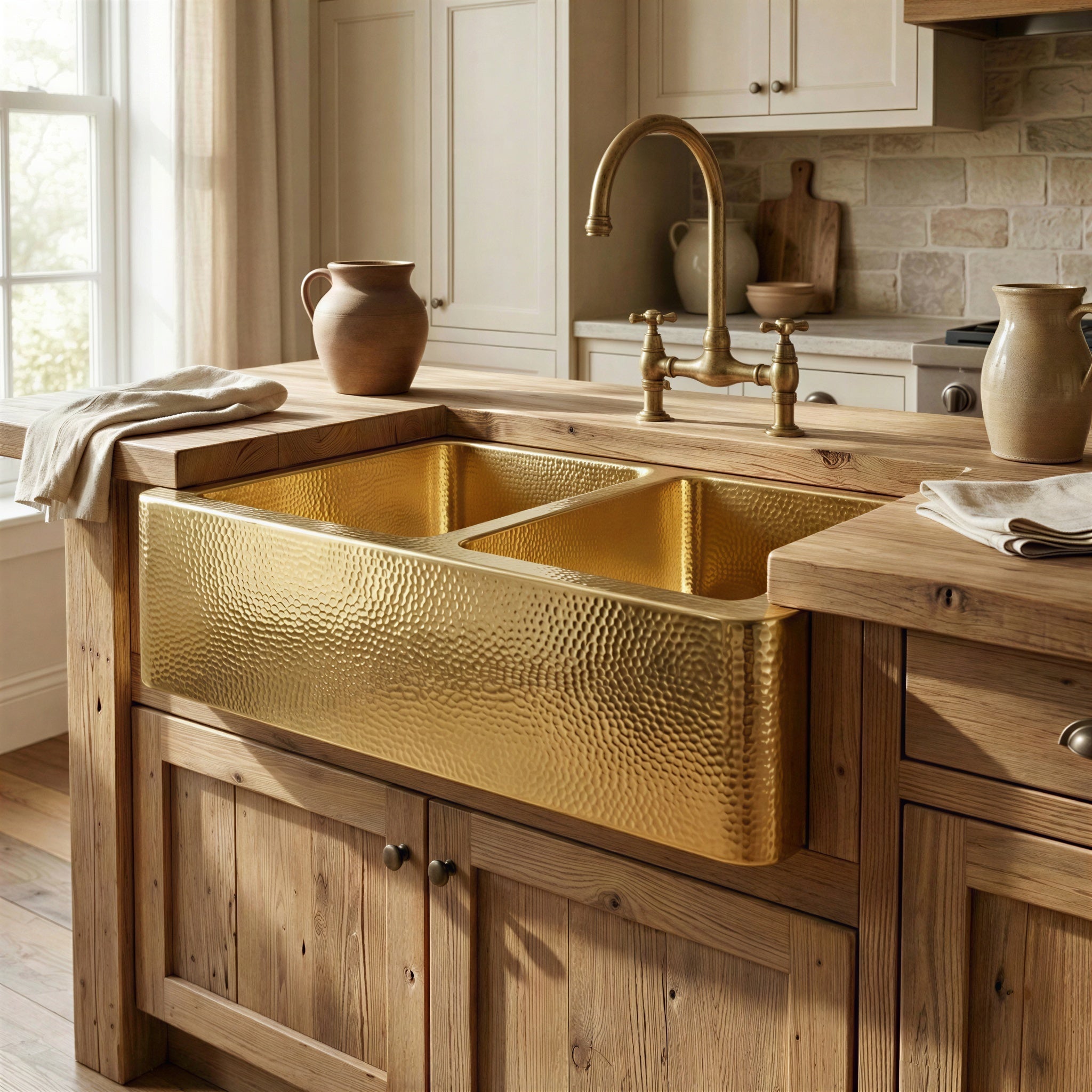Hammered Brass Farmhouse Apron Front Double Bowl: Unlacquered Brass Kitchen Sink