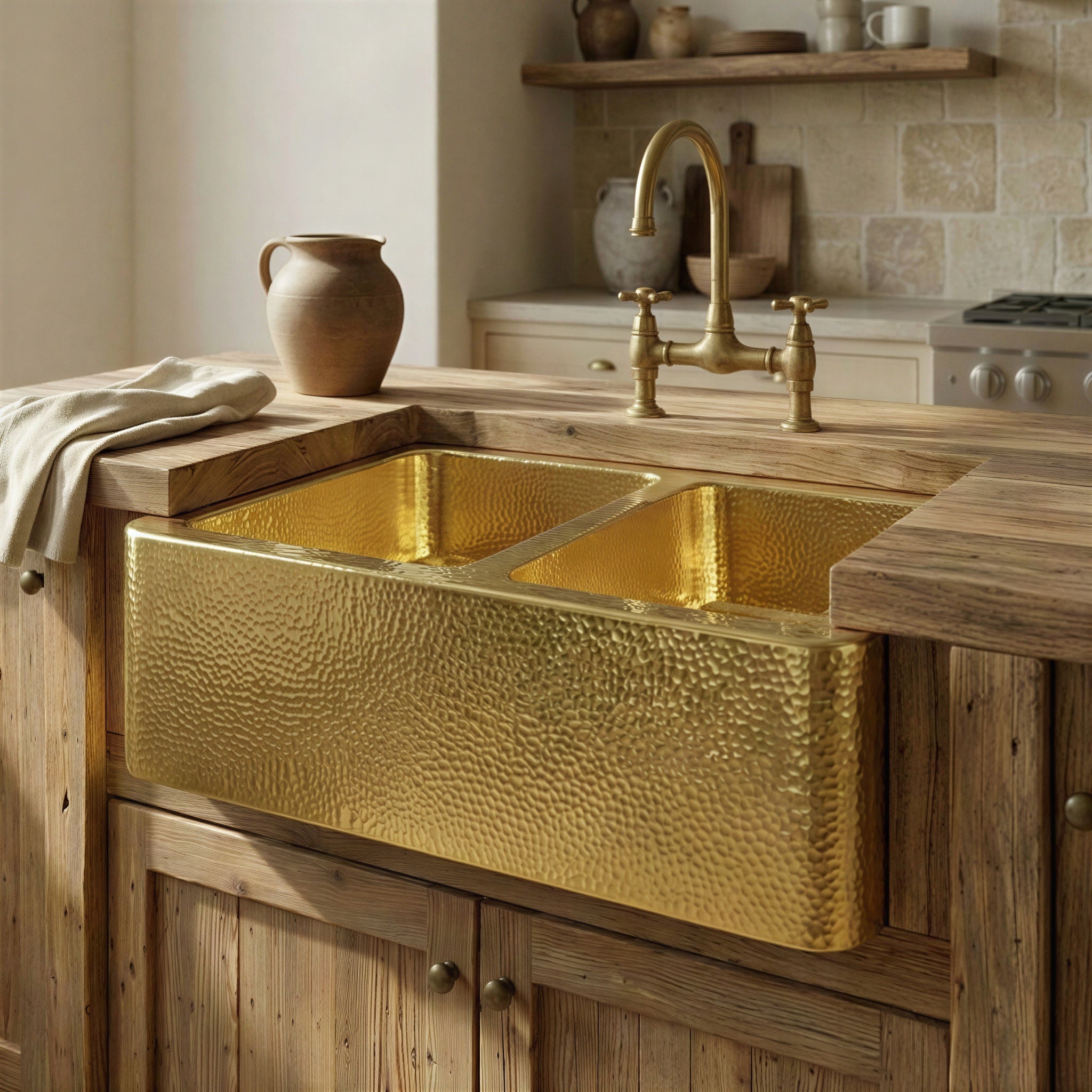 Hammered Brass Farmhouse Apron Front Double Bowl: Unlacquered Brass Kitchen Sink